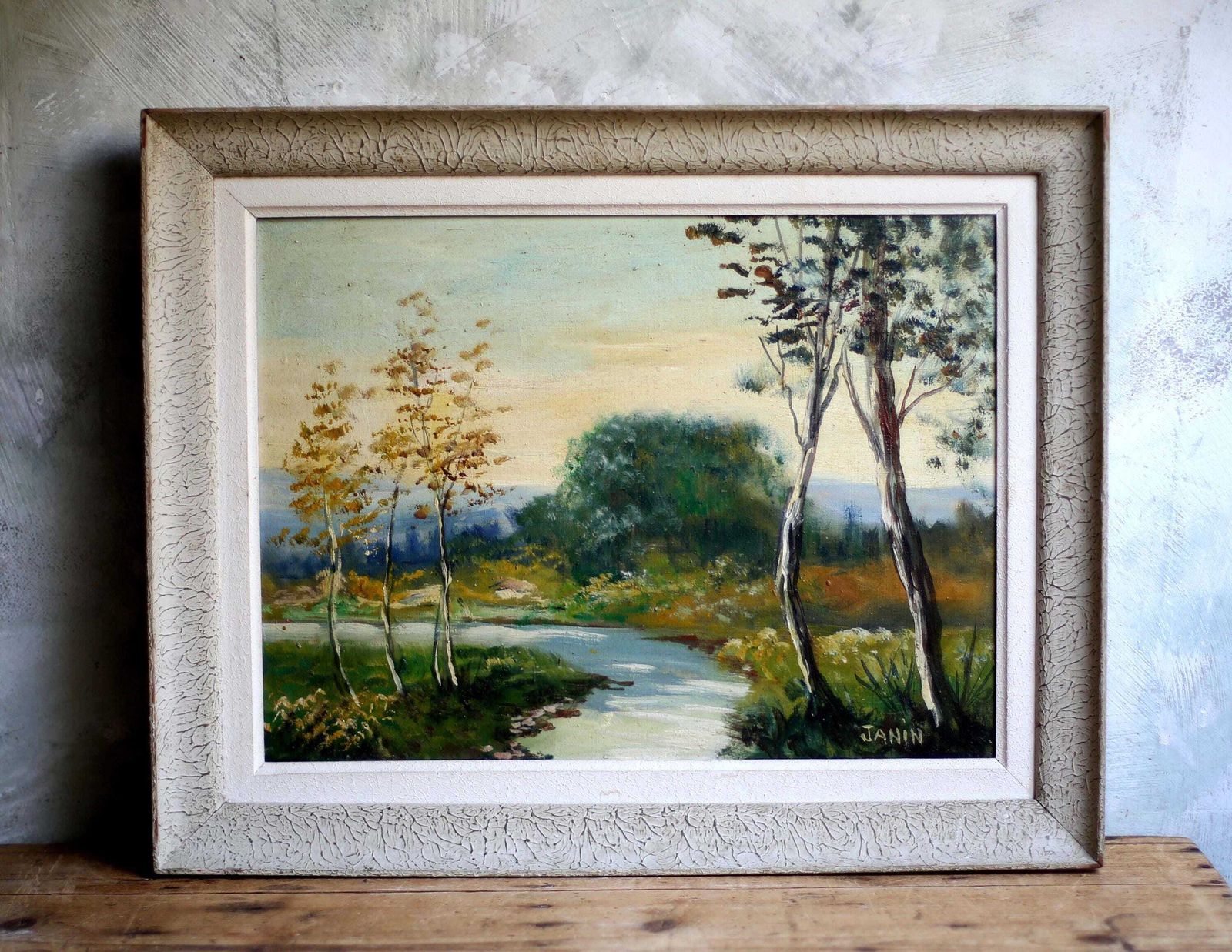 Antique Landscape Oil Painting Impressionist Impasto Framed River View French Framed Janin