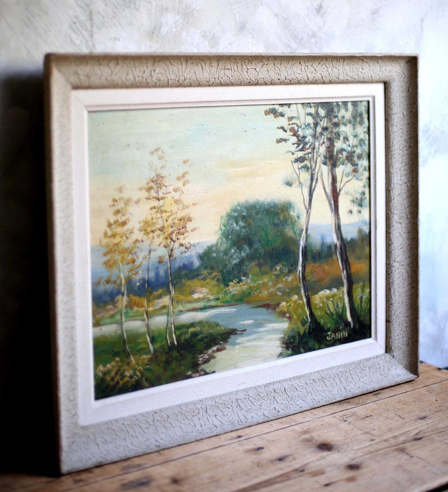 Antique Landscape Oil Painting Impressionist Impasto Framed River View French Framed Janin photo furniture