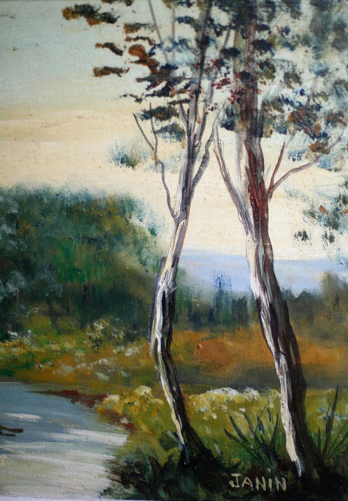 Antique Landscape Oil Painting Impressionist Impasto Framed River View French Framed Janin photo buy