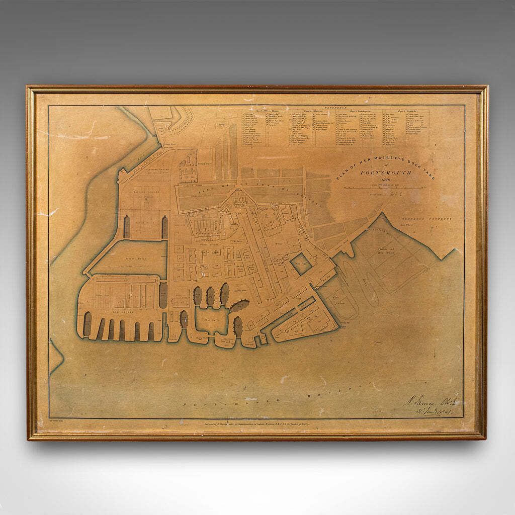 Antique Town Plan, Portsmouth Dockyard, English, Framed Cartography, Victorian. photo furniture