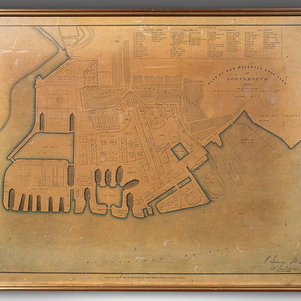Antique Town Plan, Portsmouth Dockyard, English, Framed Cartography, Victorian. photo Art