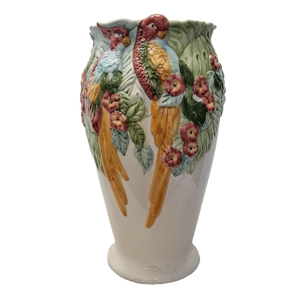 Vase en majolique portugaise aux perroquets, années 1960-1970