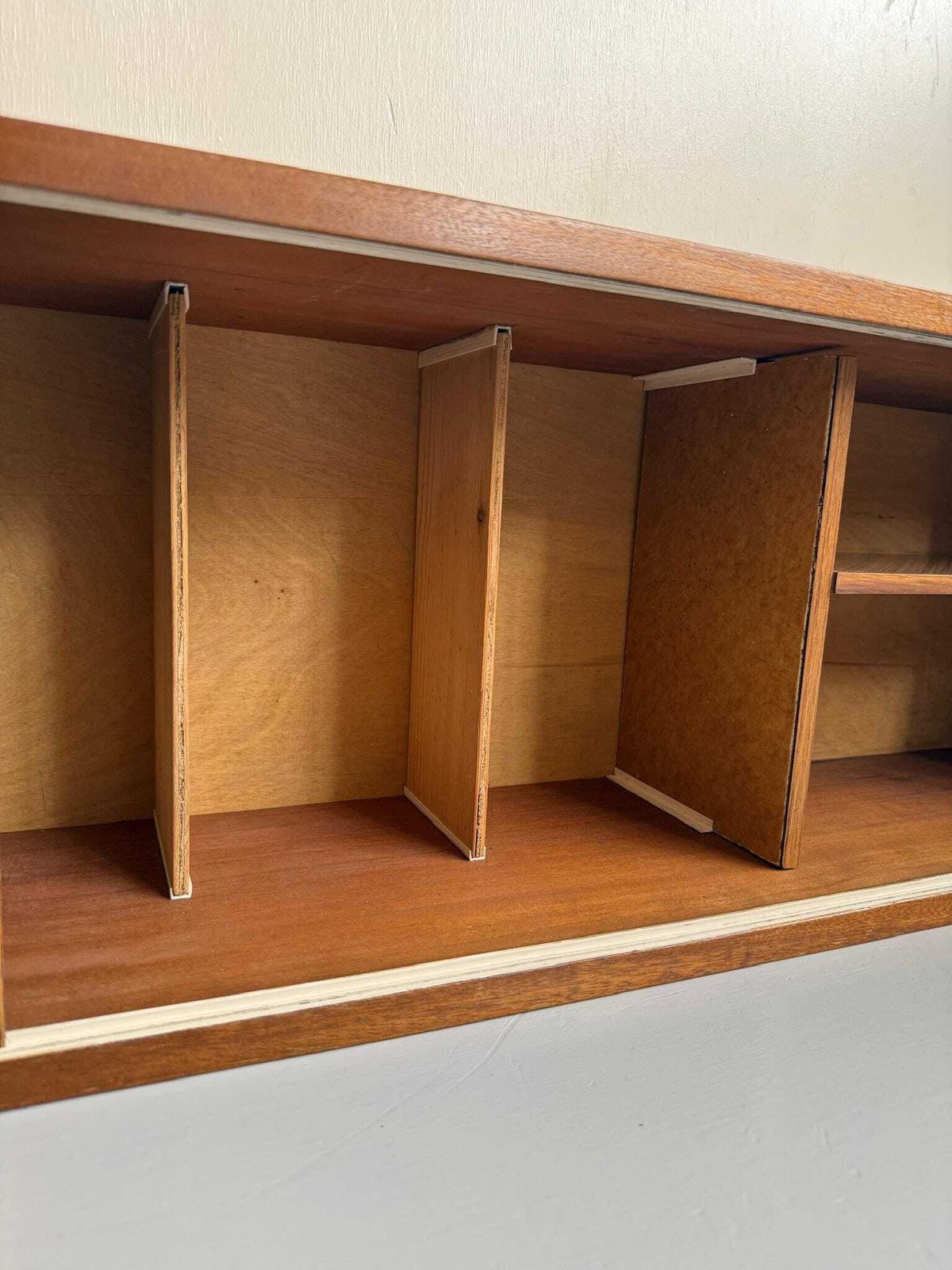 Handmade Mid Century Long Slim Cabinet Or Bookcase Wall Hung Ply Shelving. photo Furniture