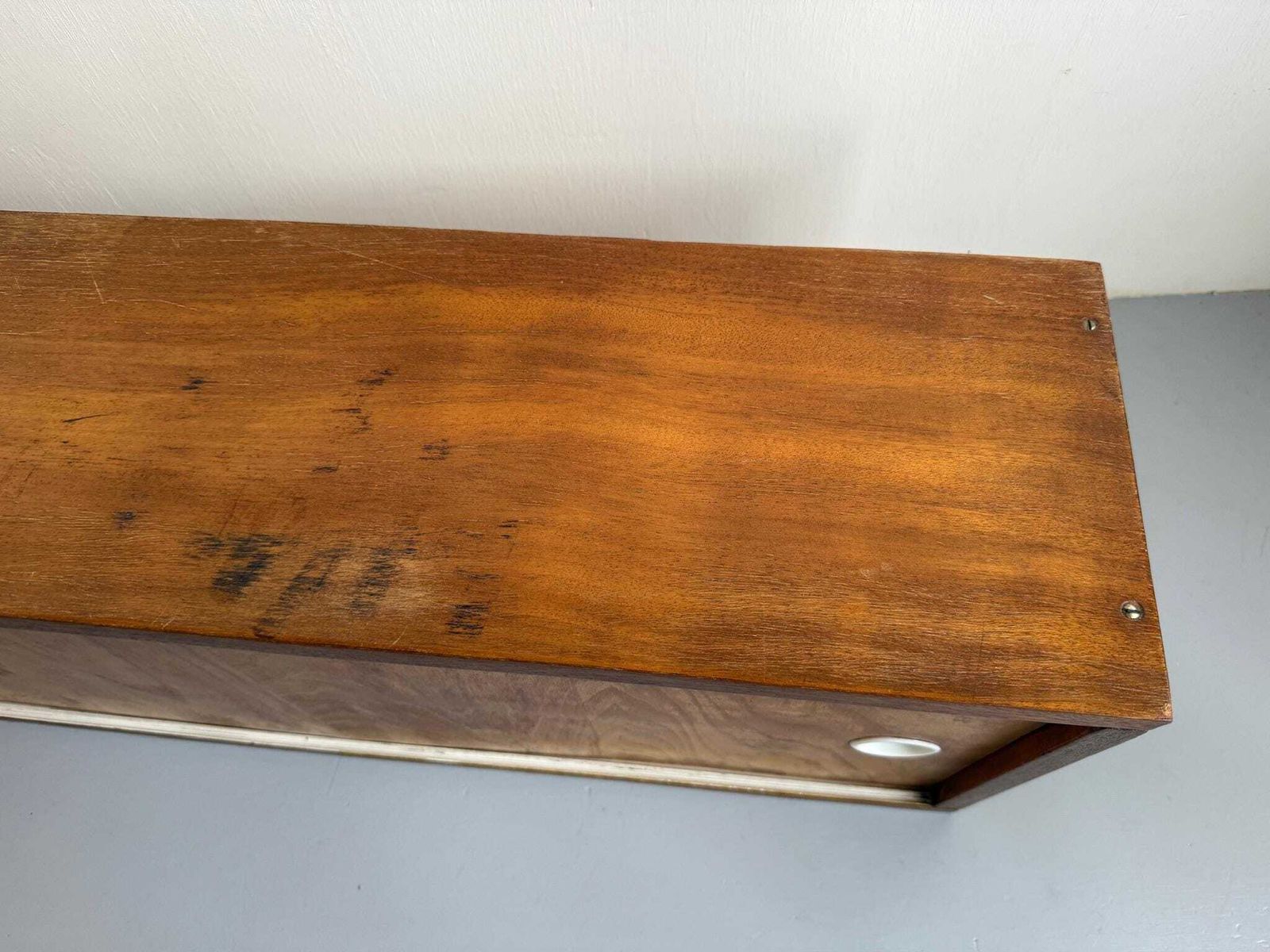 photo furniture Handmade Mid Century Long Slim Cabinet Or Bookcase Wall Hung Ply Shelving.