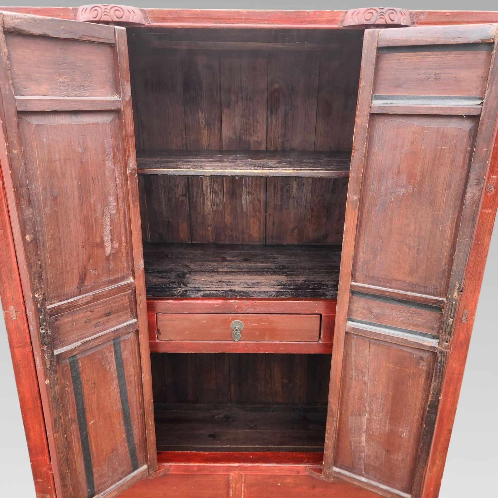Exceptional Chinese Chinoiserie Oriental Red Marriage Cabinet photo for sale