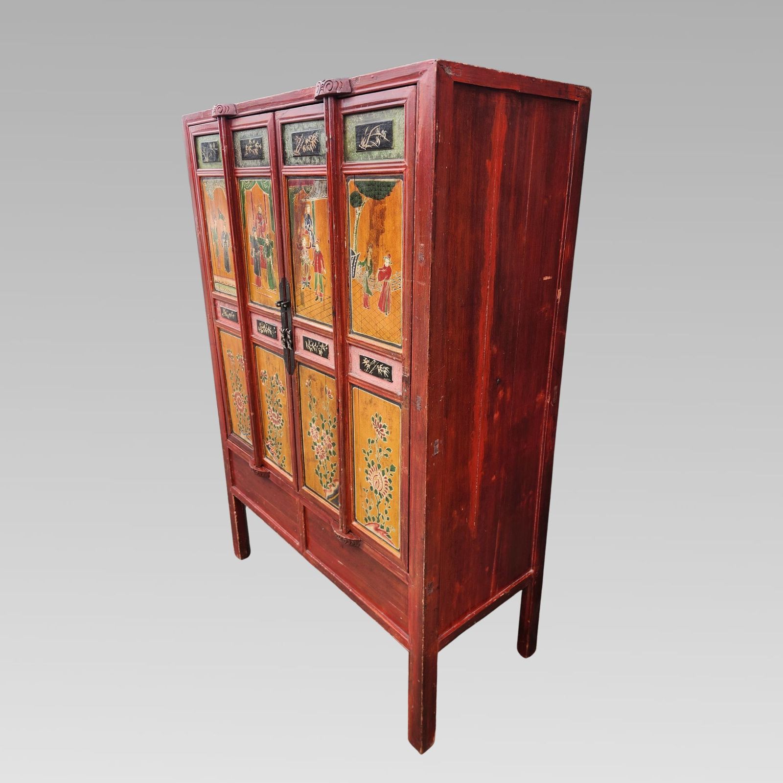 Exceptional Chinese Chinoiserie Oriental Red Marriage Cabinet photo vinterior