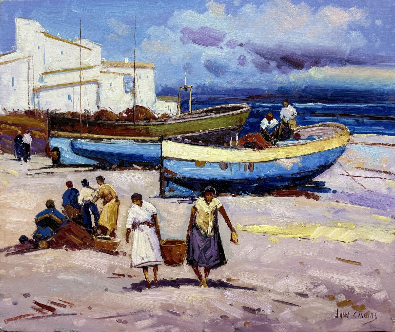 Juan Casellas Scène de port méditerranéen avec bateaux et personnages, peinture à l'huile sur toile espagnole, années 1990