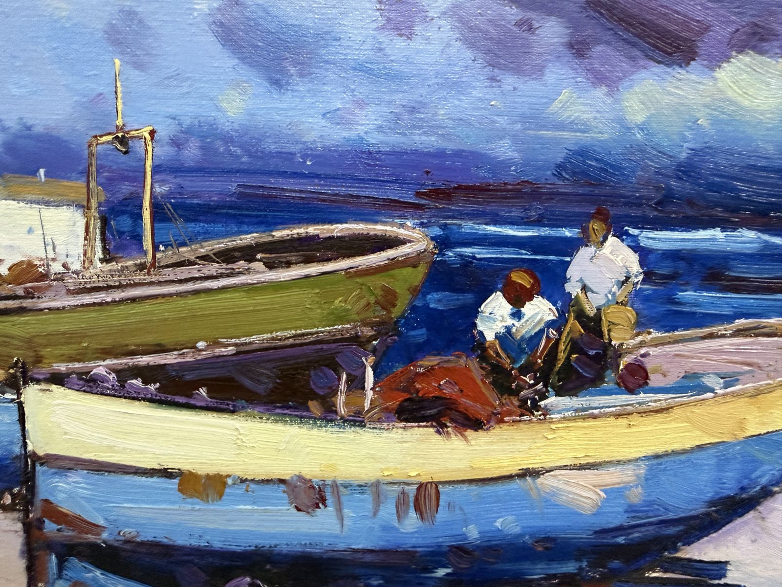 Juan Casellas Scène de port méditerranéen avec bateaux et personnages, peinture à l'huile sur toile espagnole, années 1990 photo 850.0