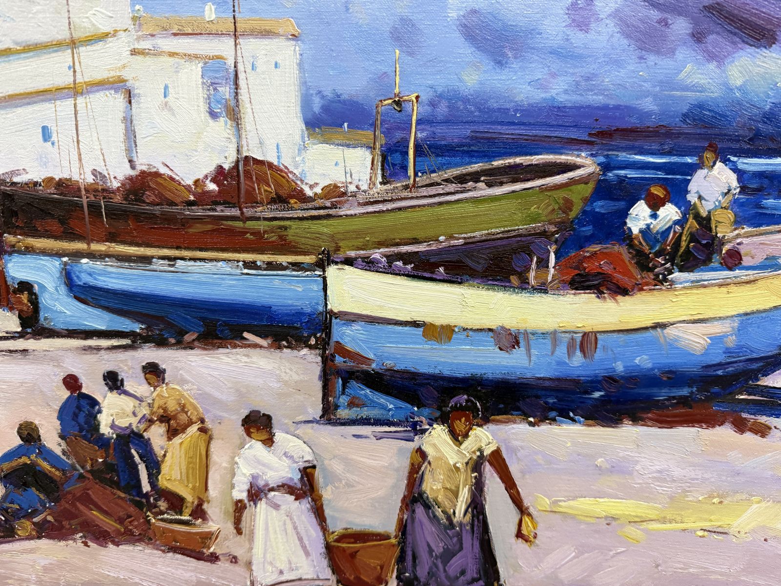 Juan Casellas Mediterranean Harbor Scene With Boats And Figures Spanish Oil Canvas Painting 1990s photo buy