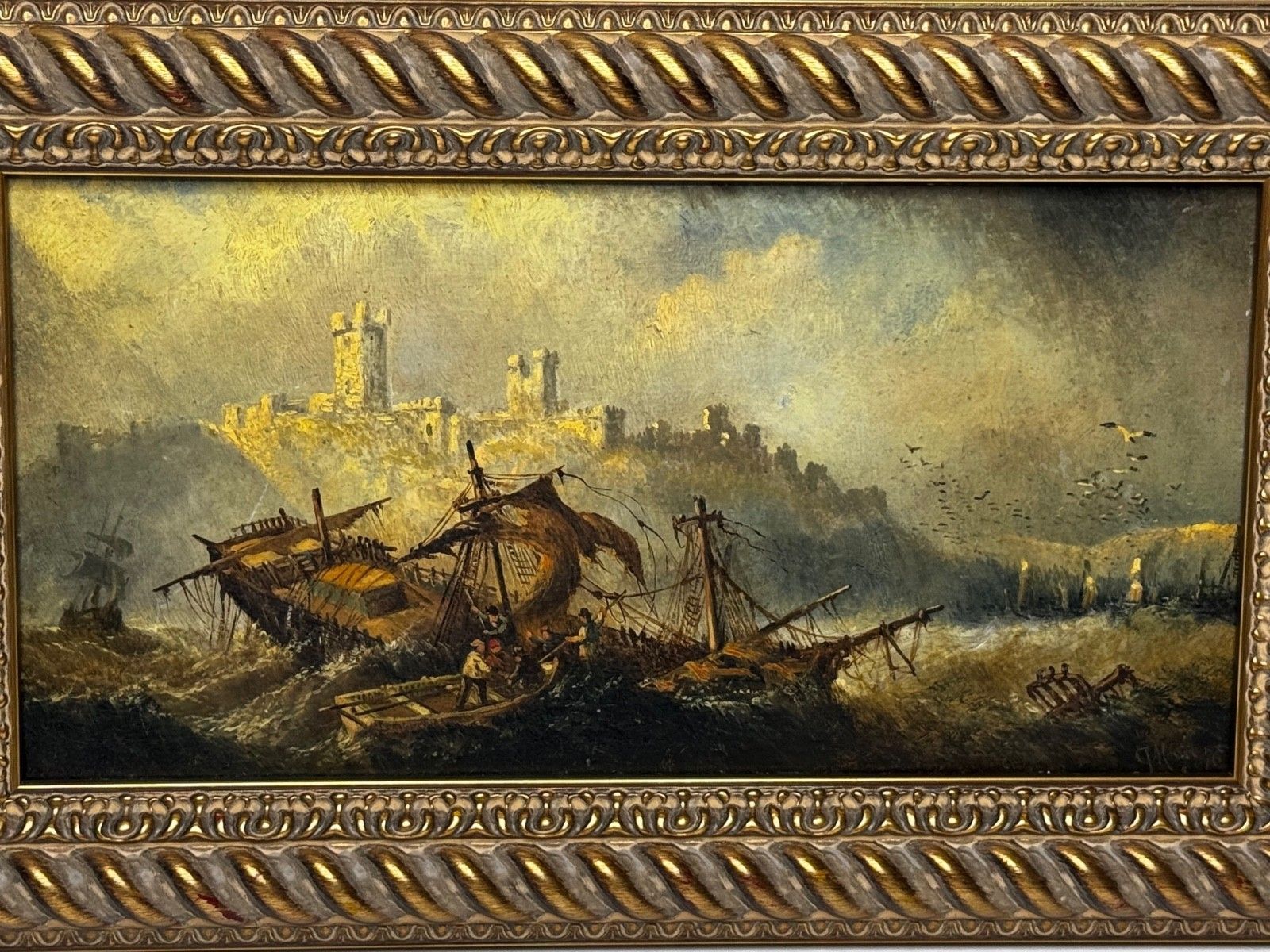 Marine Painting Wreck Off Dunstanburgh Castle Signed By Claude Thomas Stanfield Moore photo vintage
