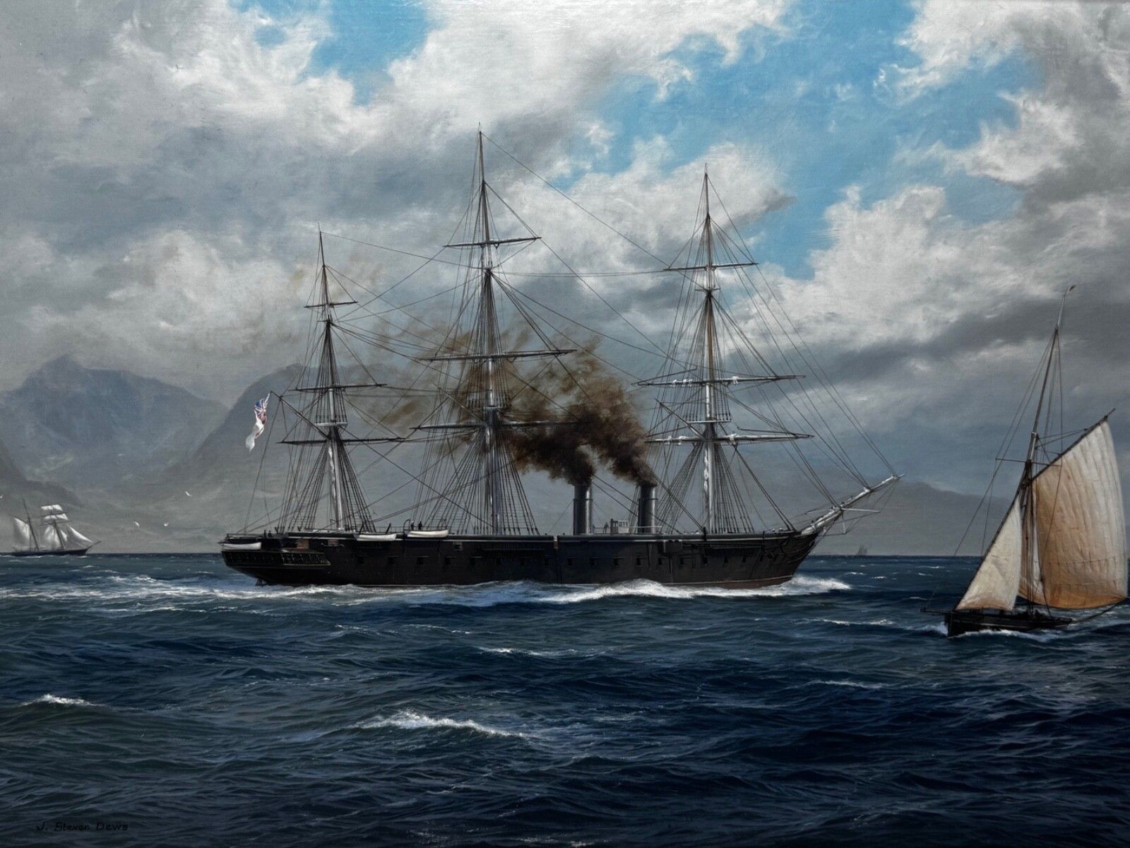 Groot Marien Olieschilderij HMS Warrior First Ironclad Ship, Gesigneerd door John Steven Dews photo furniture