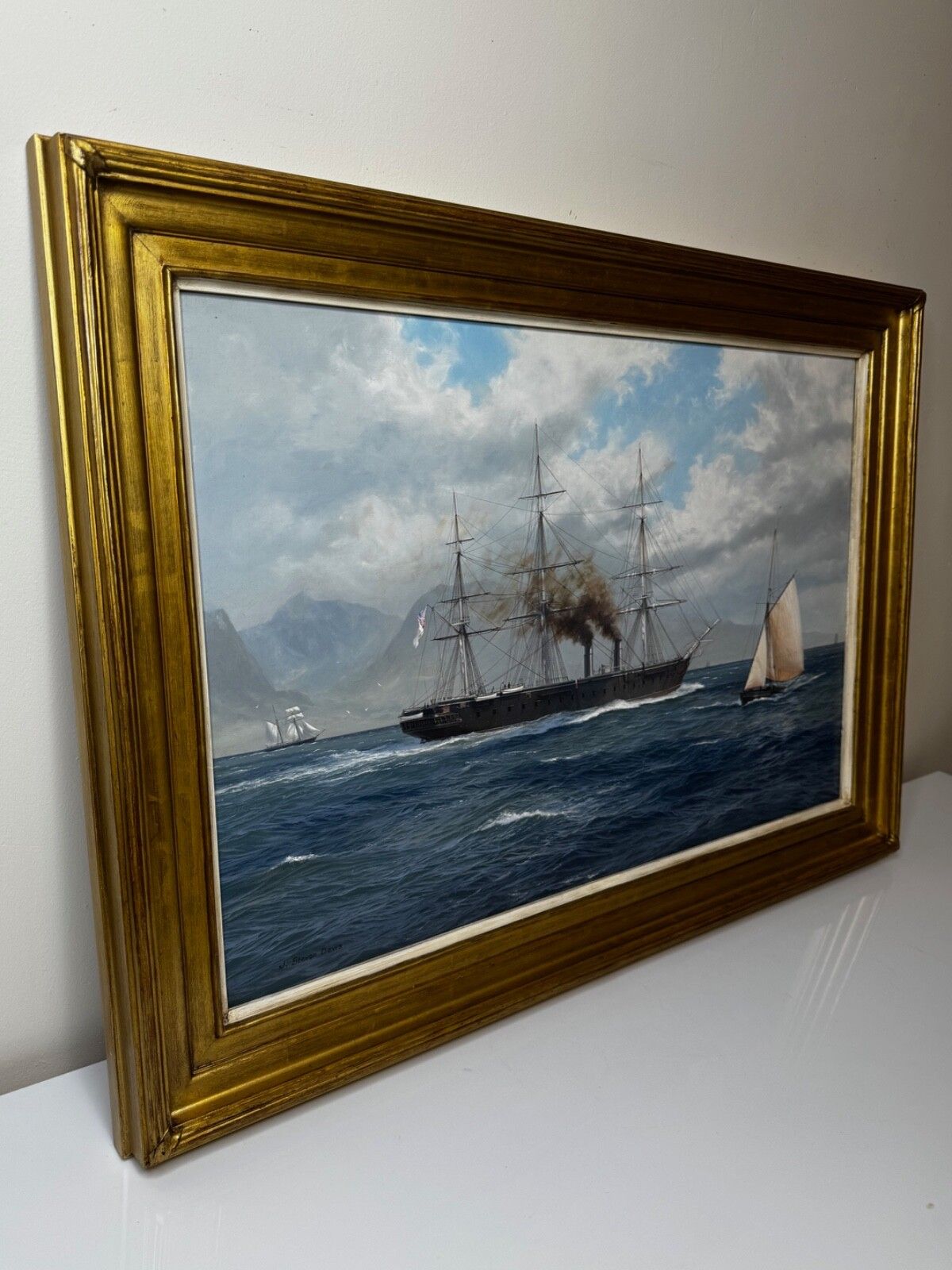 Groot Marien Olieschilderij HMS Warrior First Ironclad Ship, Gesigneerd door John Steven Dews photo for sale
