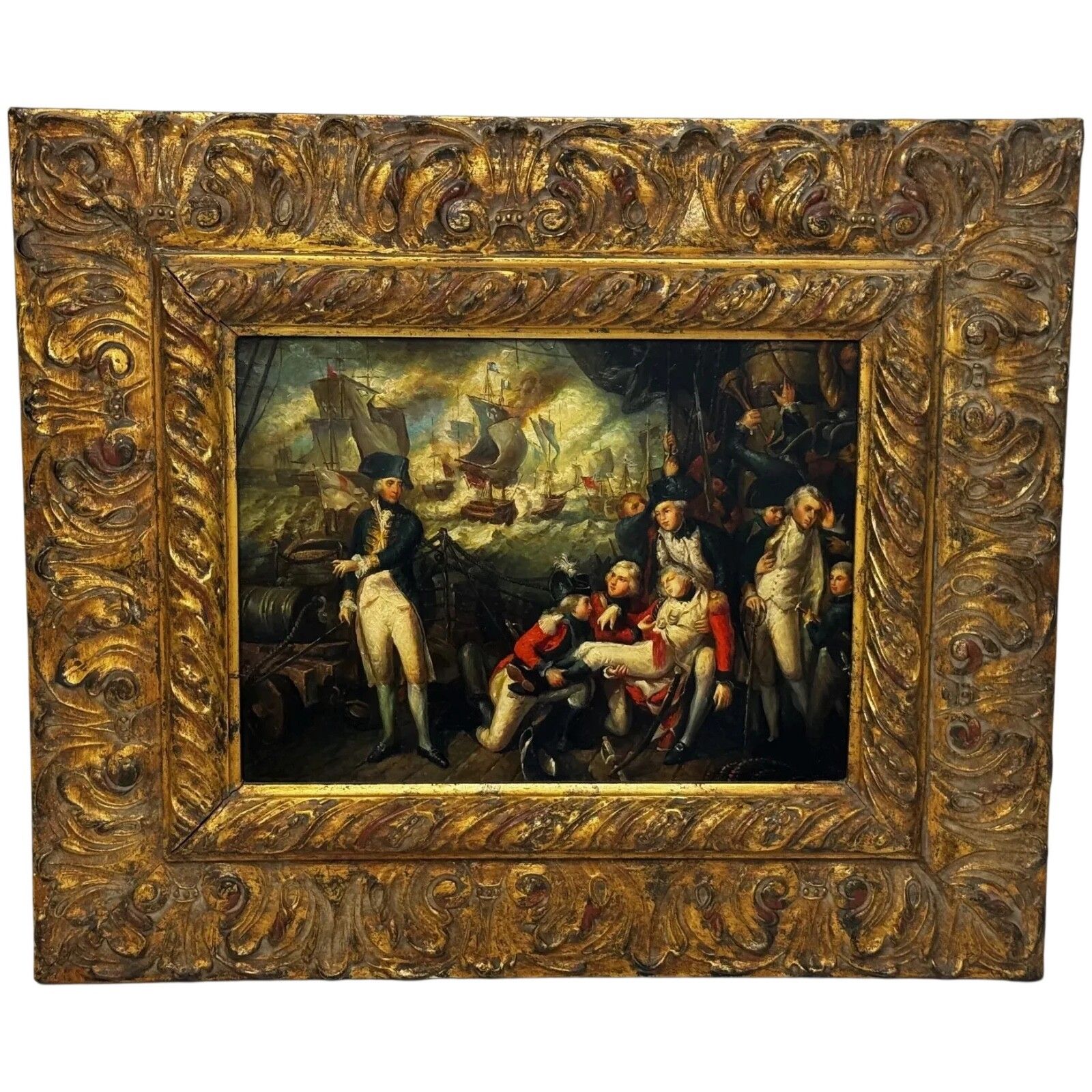 19th Century Marine Oil Painting Sea Battle Lord Howe On Deck Ship Hms Queen Charlotte After Mather Brown