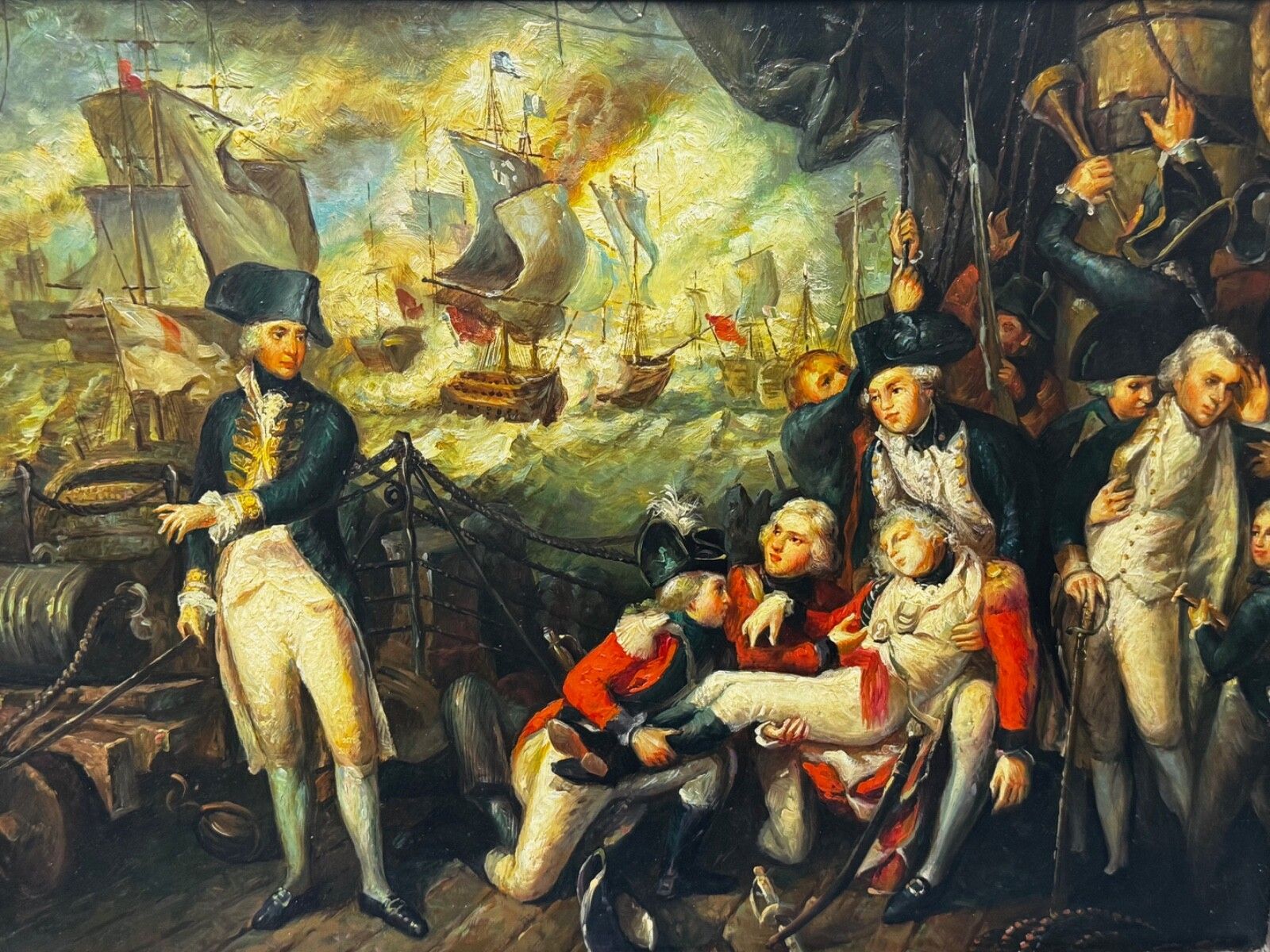 19th Century Marine Oil Painting Sea Battle Lord Howe On Deck Ship Hms Queen Charlotte After Mather Brown photo furniture