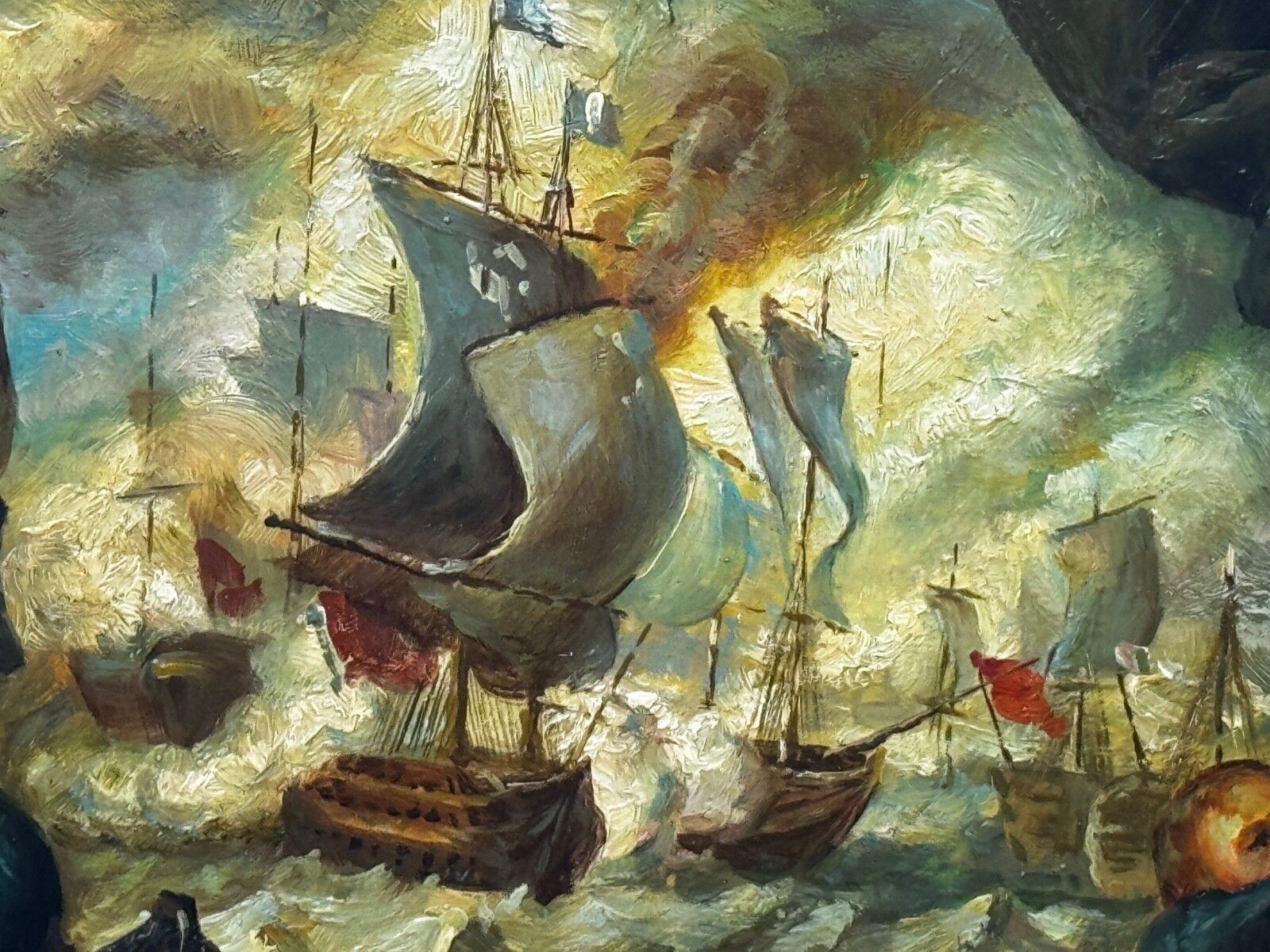 Art 19th Century Marine Oil Painting Sea Battle Lord Howe On Deck Ship Hms Queen Charlotte After Mather Brown photo