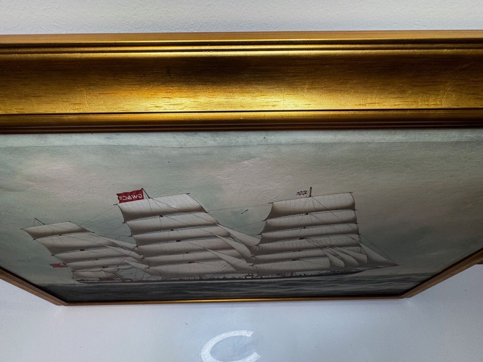 photo vinterior Maritiem olieschilderij 19e eeuw, Wiscombe Park, schip op weg naar Australië, John Blumer & Co