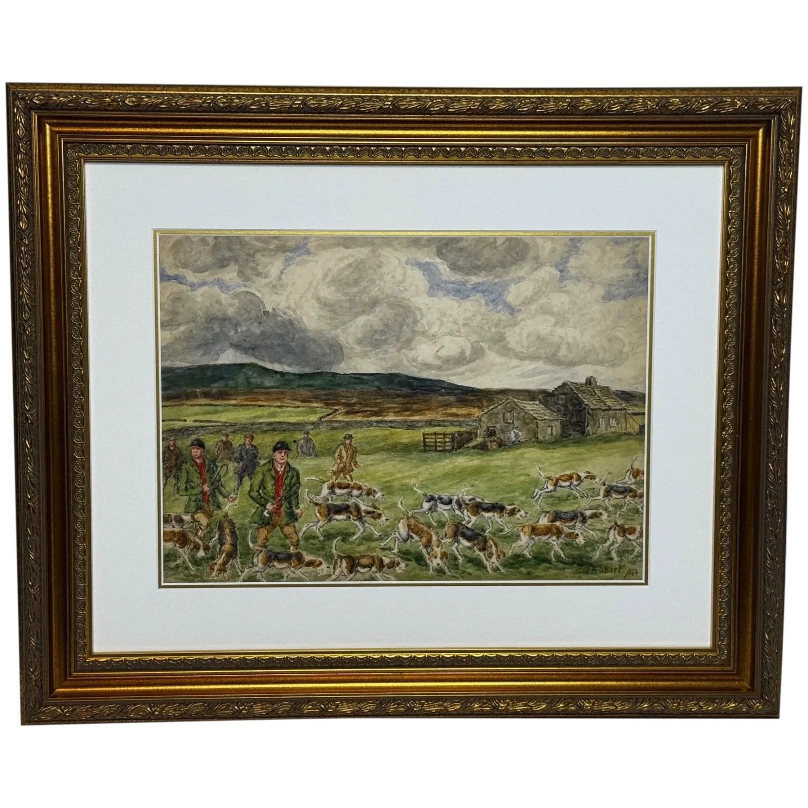 Mid Century jachtschilderij, The Badsworth Hunt On Foot, Easingwold ca. 1943, gesigneerd door George Anderson Short