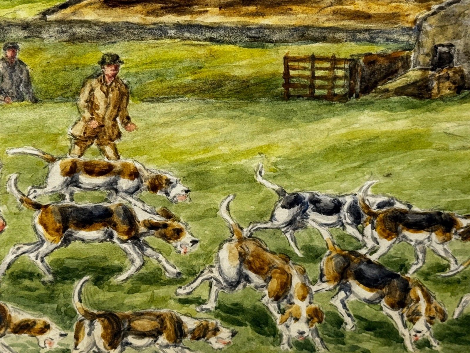 Mid Century jachtschilderij, The Badsworth Hunt On Foot, Easingwold ca. 1943, gesigneerd door George Anderson Short photo Kunst