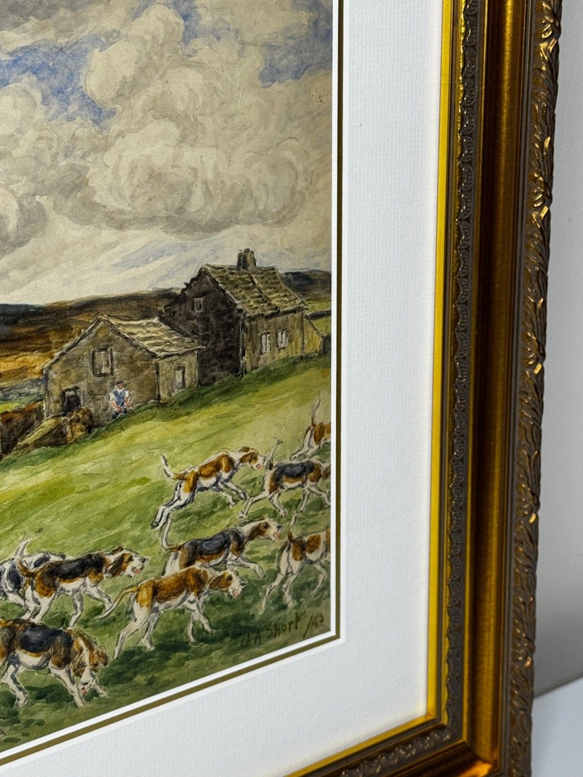 Kunst Mid Century jachtschilderij, The Badsworth Hunt On Foot, Easingwold ca. 1943, gesigneerd door George Anderson Short photo