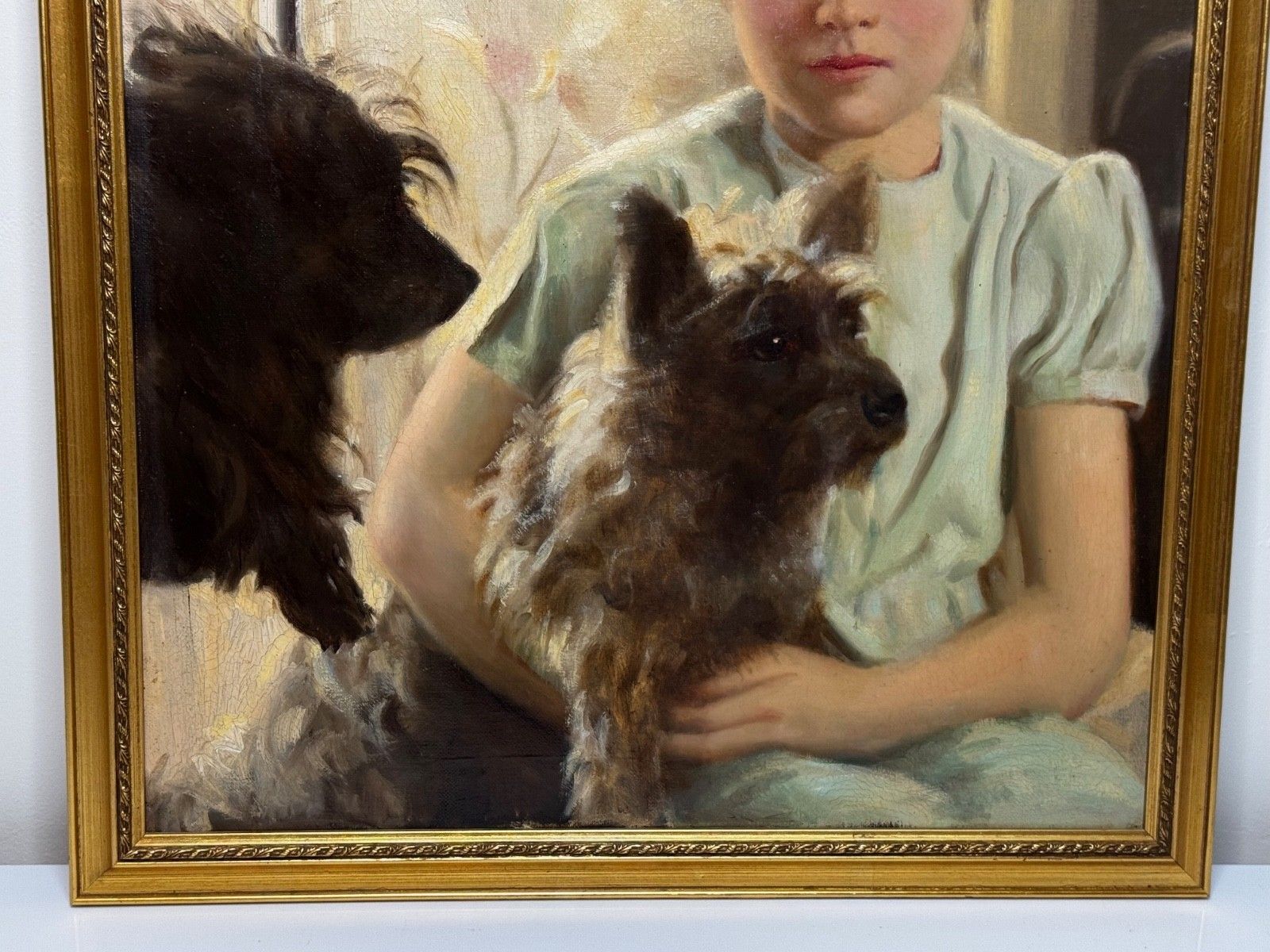 Mid-Century Olieverf Portret Mary met Cairn Terriers in de Stijl van Sir Harrington Mann photo for sale