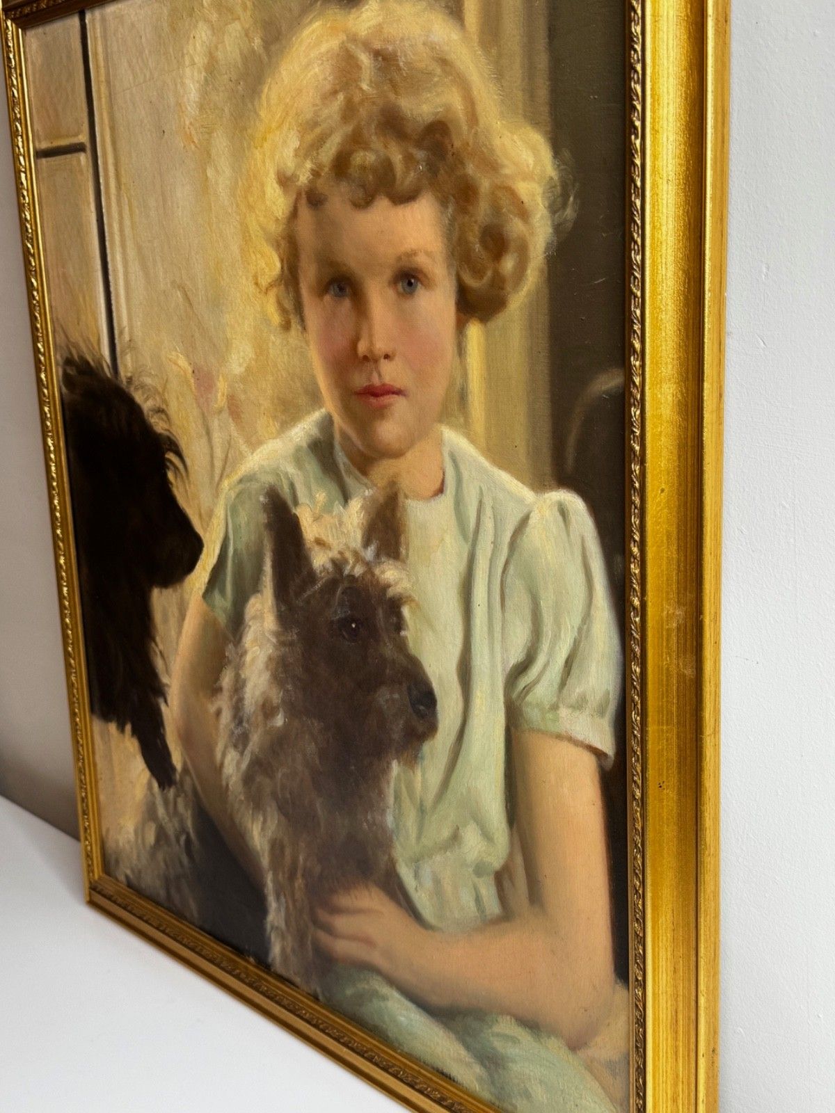 Mid-Century Olieverf Portret Mary met Cairn Terriers in de Stijl van Sir Harrington Mann photo 8500.0