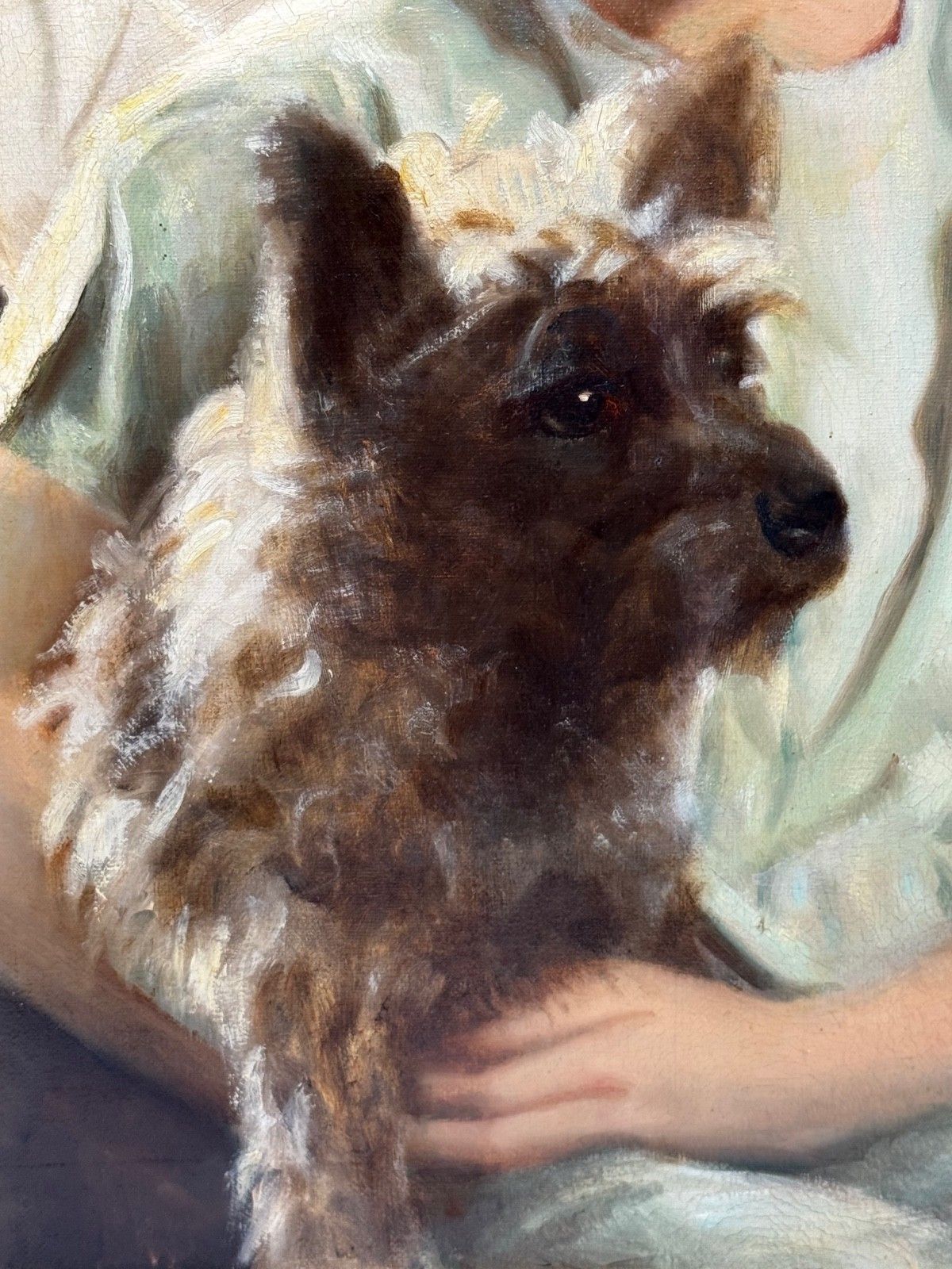 photo vintage Mid-Century Olieverf Portret Mary met Cairn Terriers in de Stijl van Sir Harrington Mann