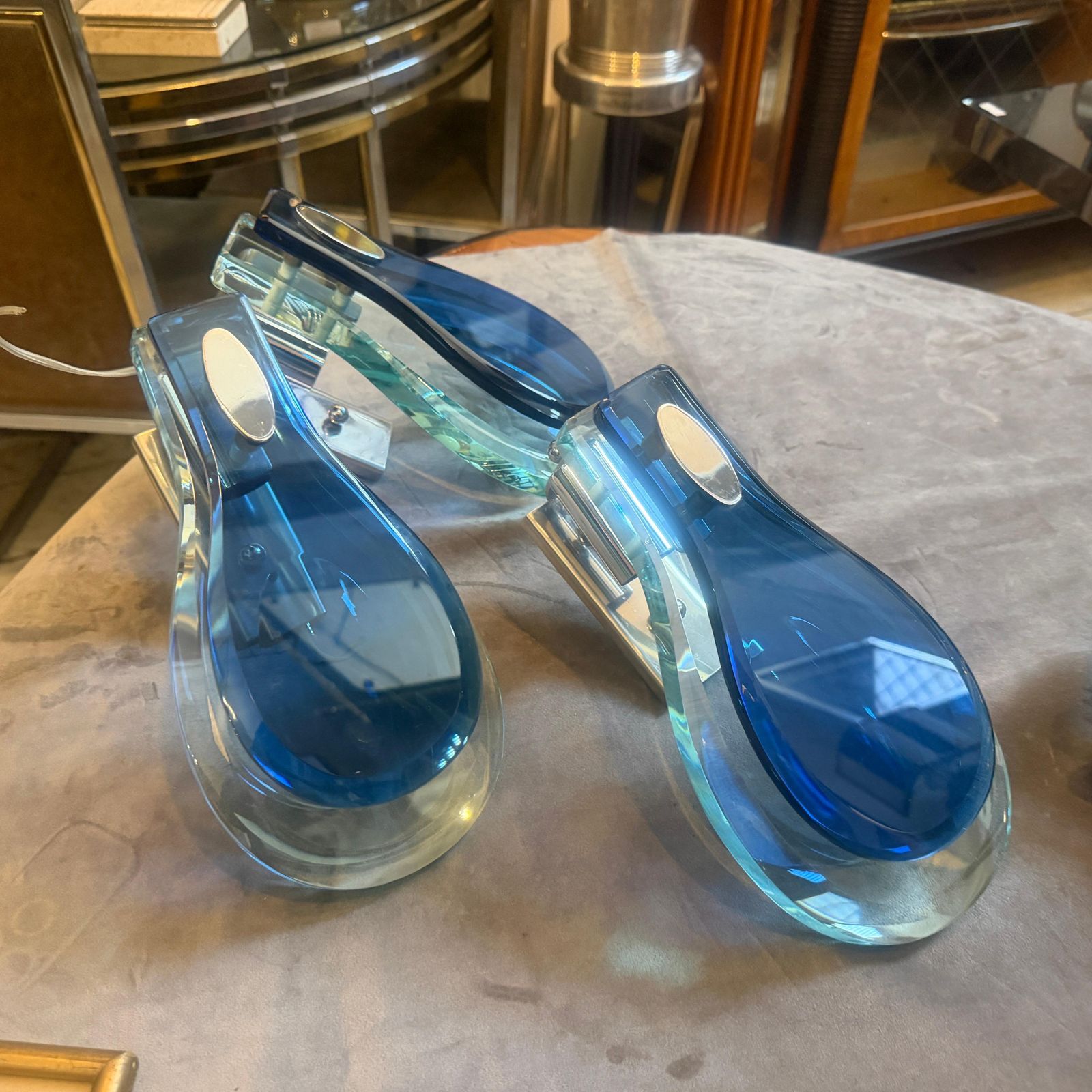 Two 1960s. Space Age Steel And Blue And Verde Nilo Glass Wall Sconces By Veca photo Lighting