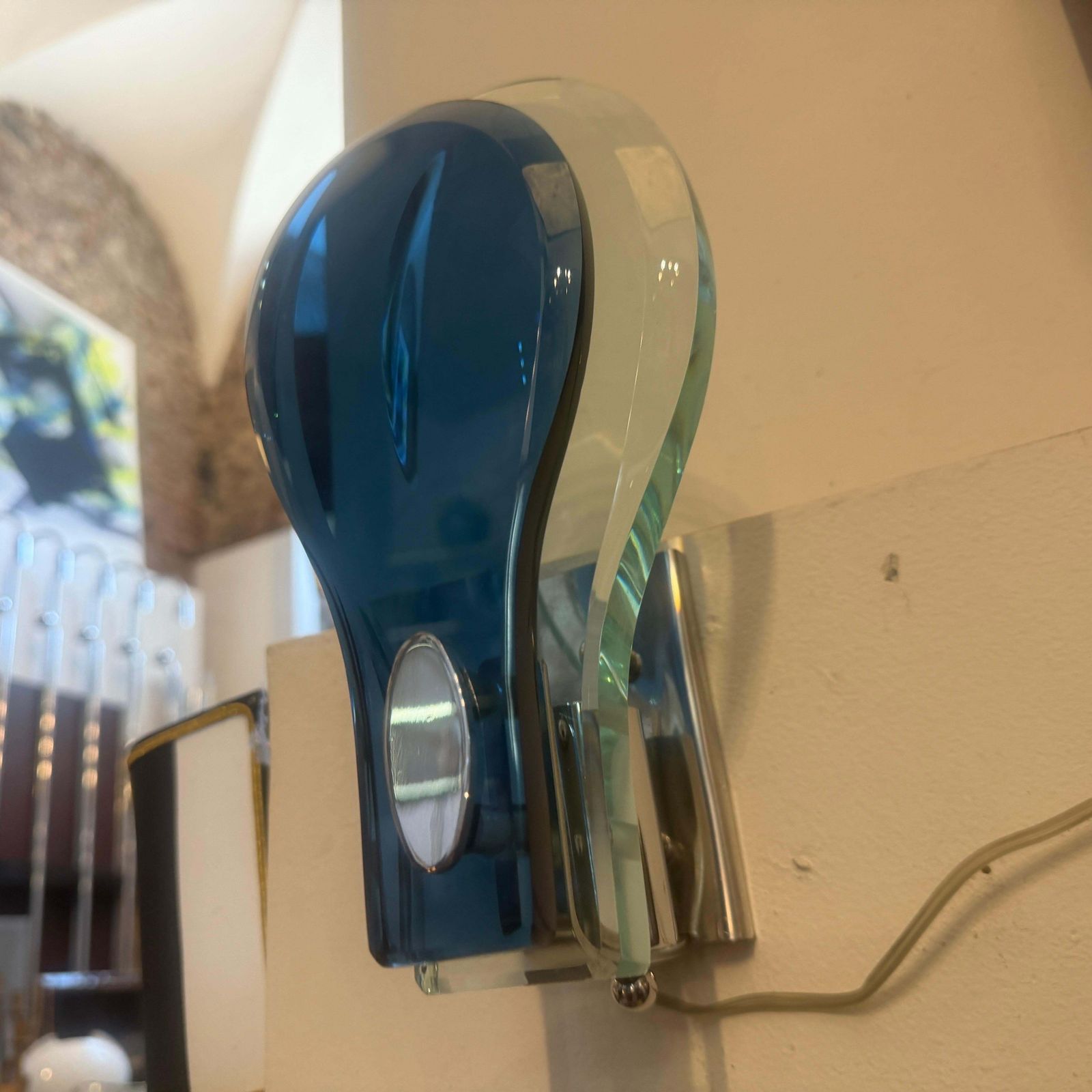 Two 1960s. Space Age Steel And Blue And Verde Nilo Glass Wall Sconces By Veca photo vinterior