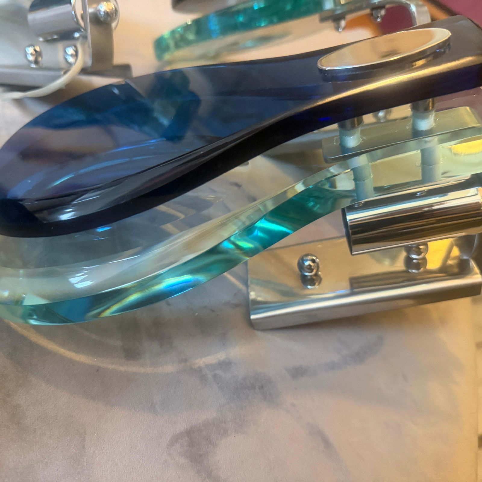 Two 1960s. Space Age Steel And Blue And Verde Nilo Glass Wall Sconces By Veca photo vintage