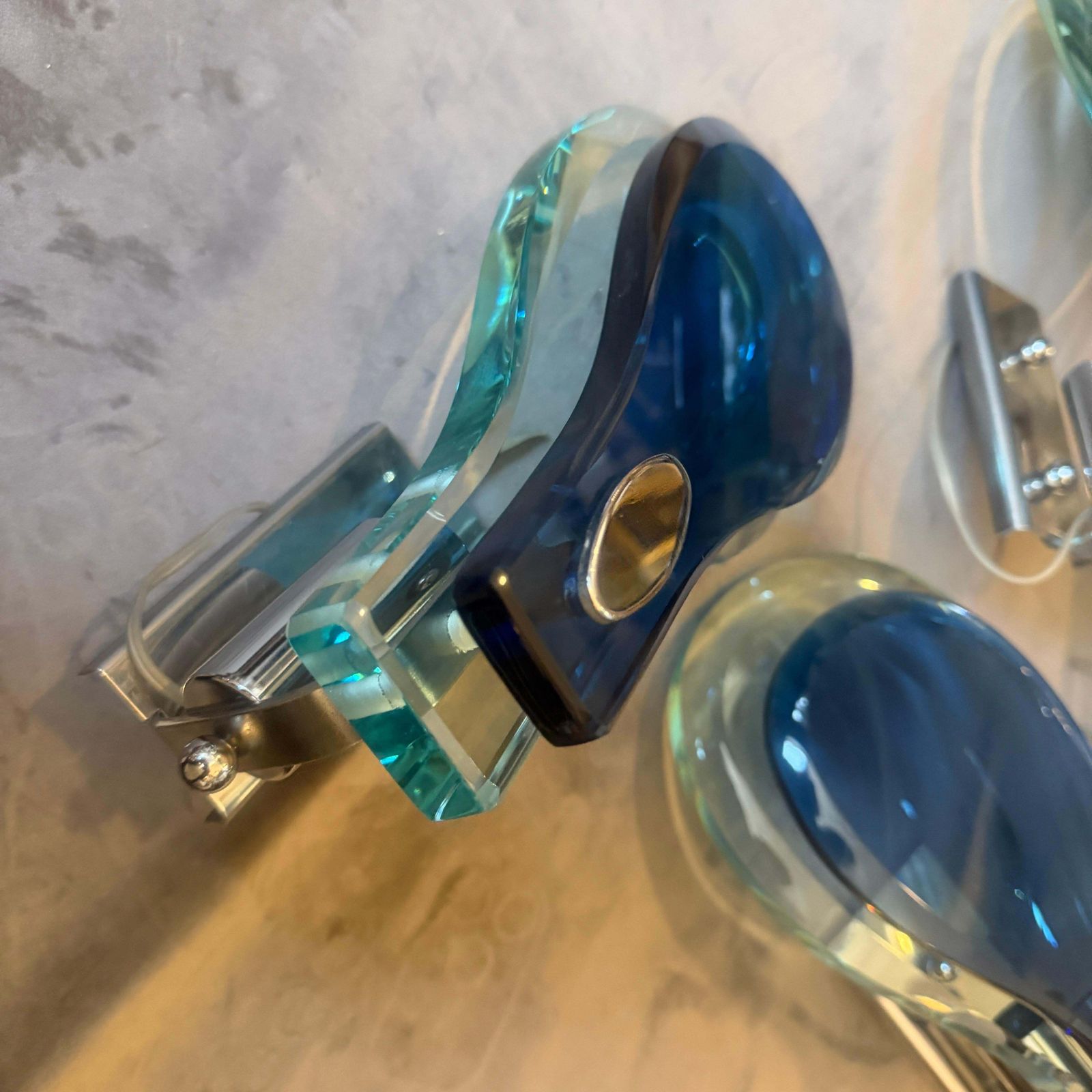 1302.0 Two 1960s. Space Age Steel And Blue And Verde Nilo Glass Wall Sconces By Veca photo