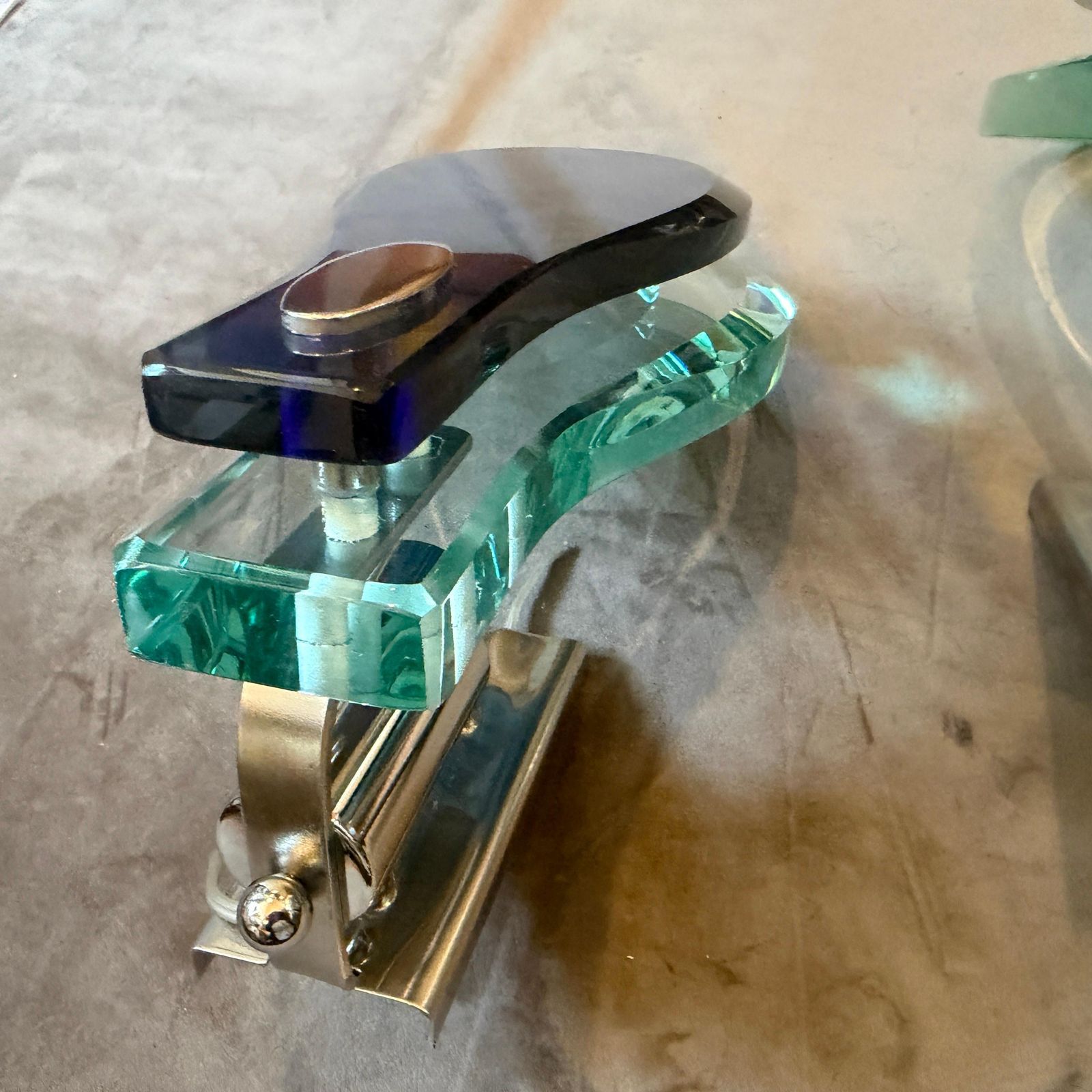 photo buy Two 1960s. Space Age Steel And Blue And Verde Nilo Glass Wall Sconces By Veca