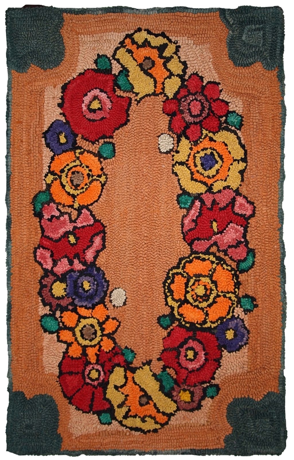 Handgemaakte vintage Amerikaanse gehaakte wollen vloerkleed — 2' × 3' — jaren 1930