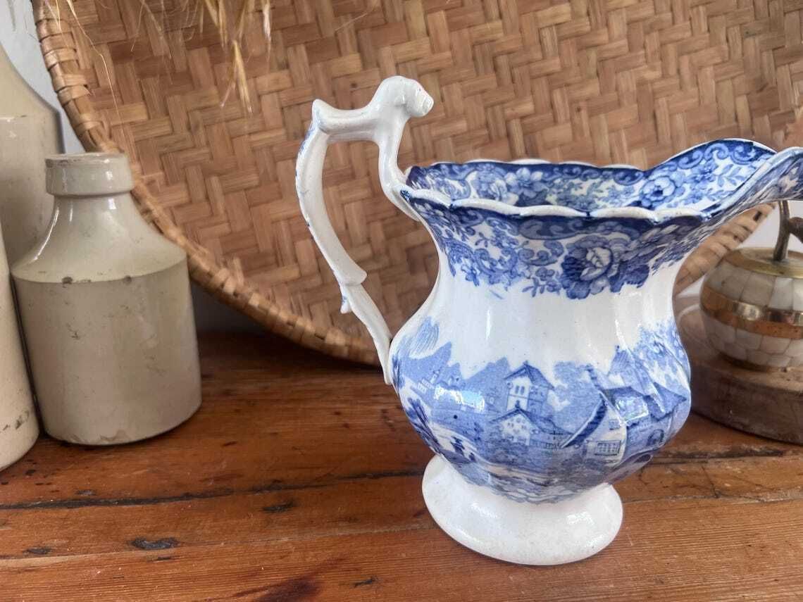 Antique Minton Genovese Blue And White Pitcher With Dog Handle Rare 19th Century Staffordshire Transferware Jug With Flaws English Farmhouse photo vinterior