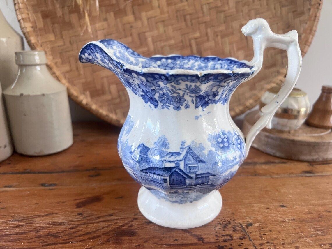 Home Decor Antique Minton Genovese Blue And White Pitcher With Dog Handle Rare 19th Century Staffordshire Transferware Jug With Flaws English Farmhouse photo