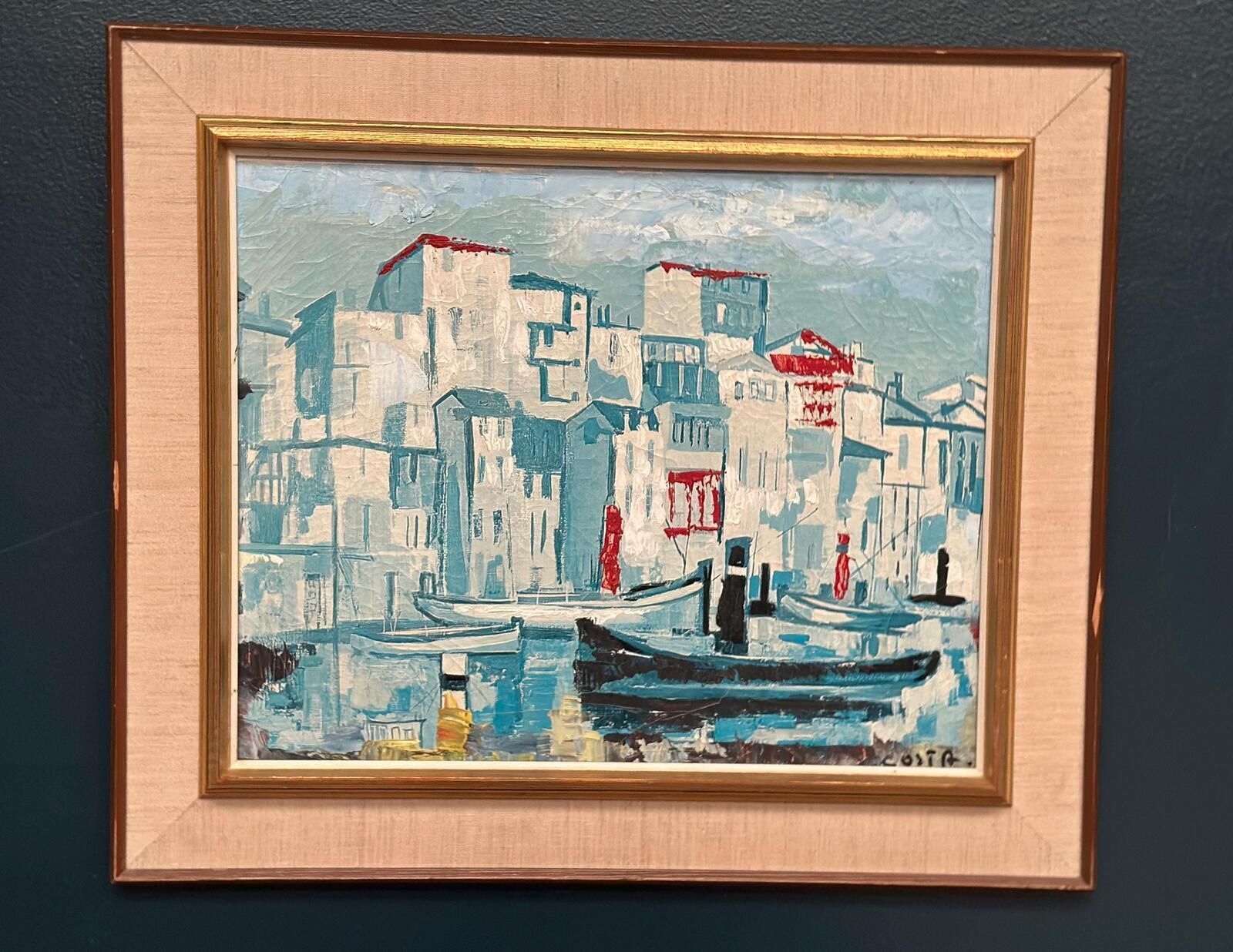 photo vintage “Harbor Scene” By Costa Oil On Canvas Painting.
