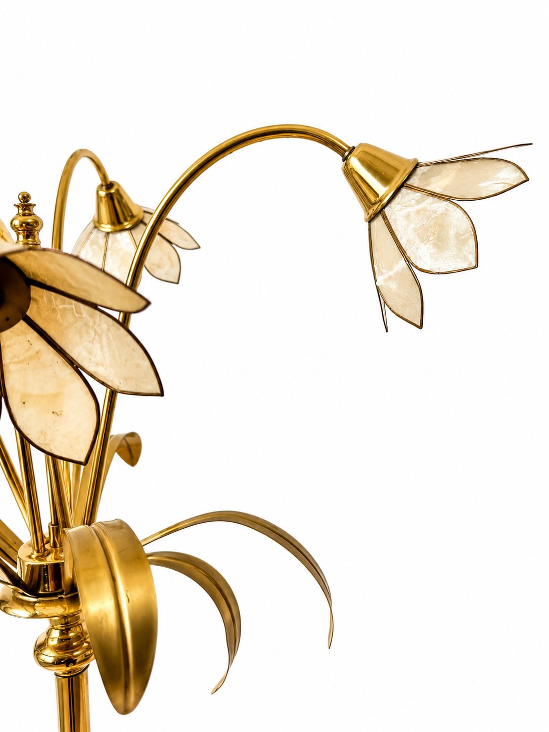 Hollywood Regency Style Brass Floor Lamp In Bamboo Style With Floral Shell Lampshades, 1970s photo 2120.0