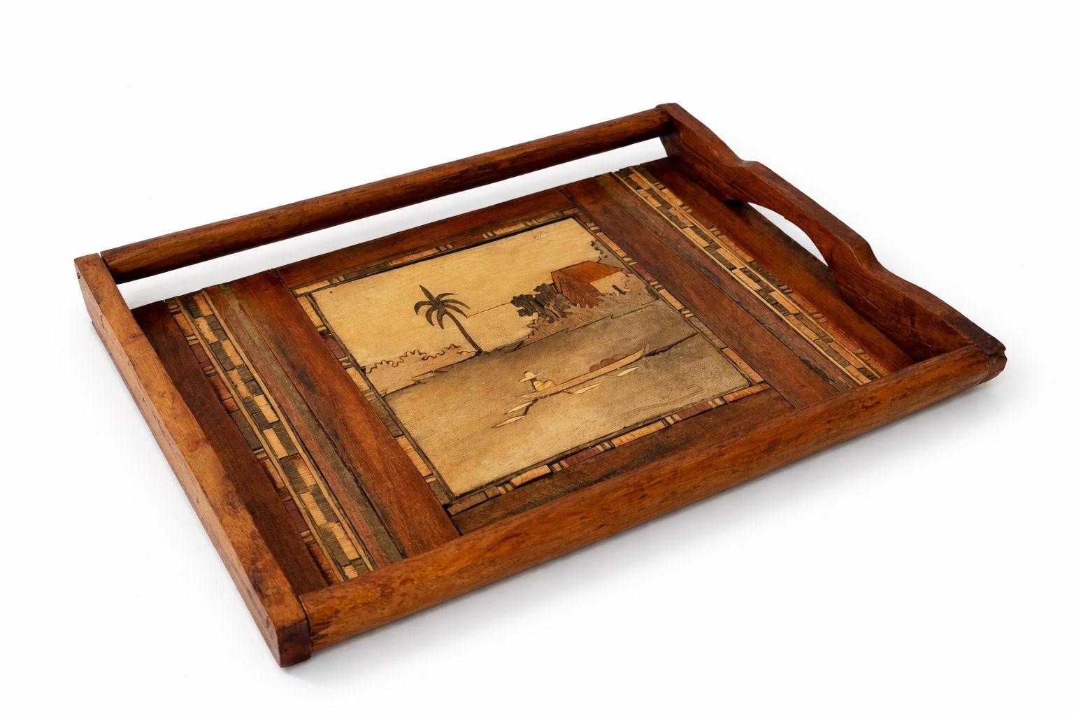 French Wooden Marquetry Tray With Craftwork Nature Scene, 1950s