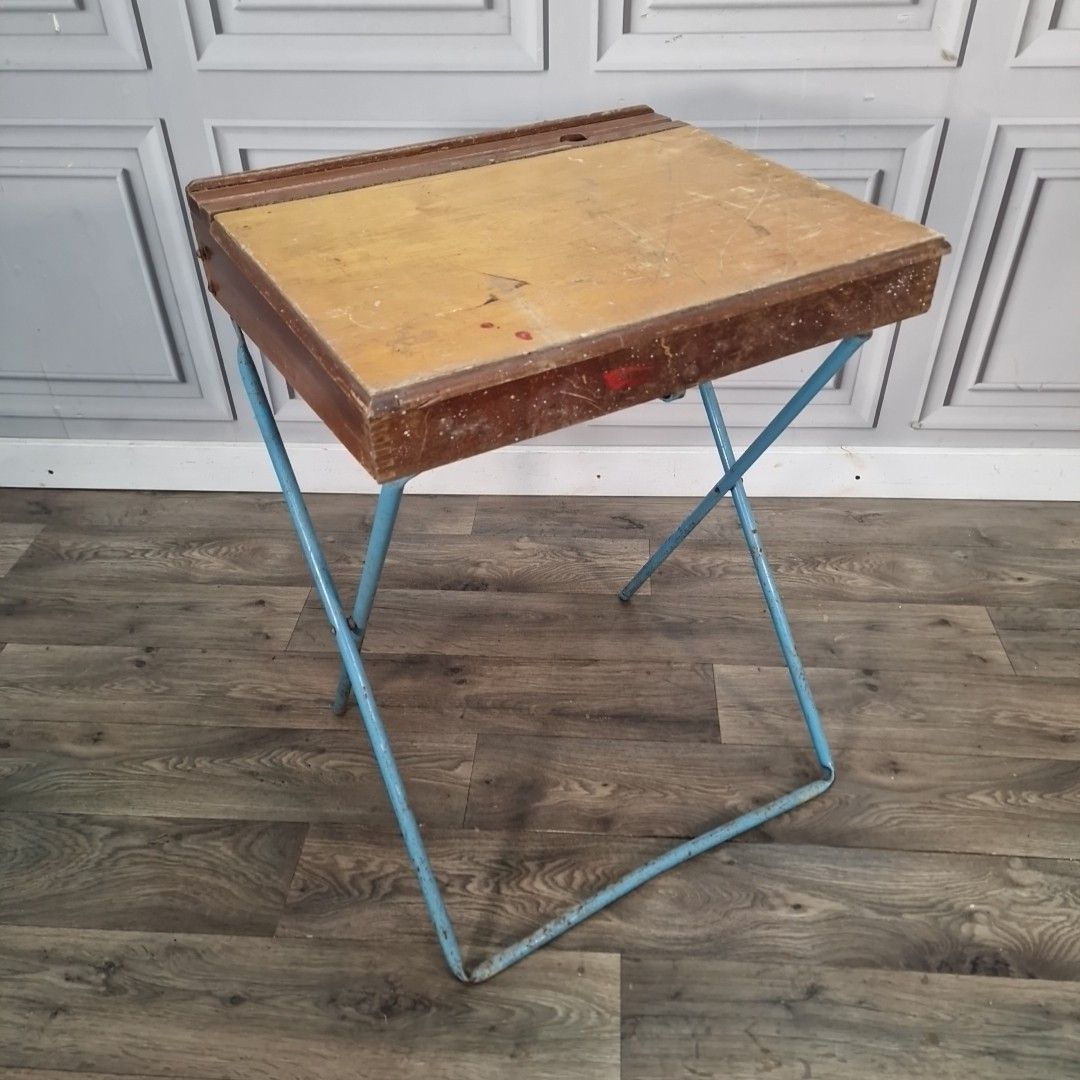 Vintage Folding School Desk Metal Frame Wooden Top Children's Writing Table