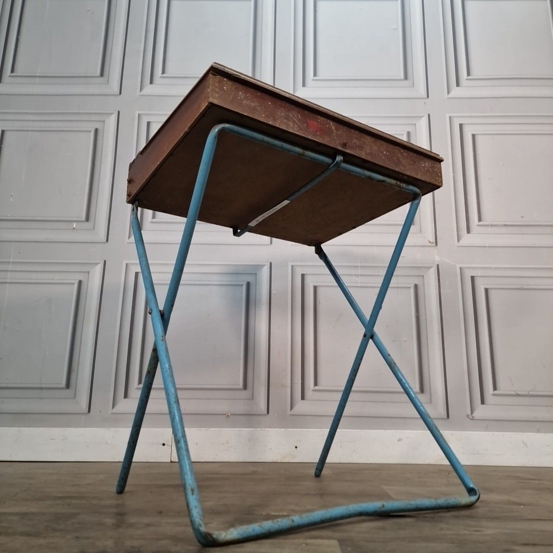 Vintage Folding School Desk Metal Frame Wooden Top Children's Writing Table photo for sale