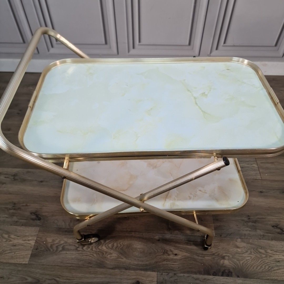 Vintage Drinks Tea Trolley Faux Marble Gold Metal Bar Cart Retro Mid Century photo Furniture
