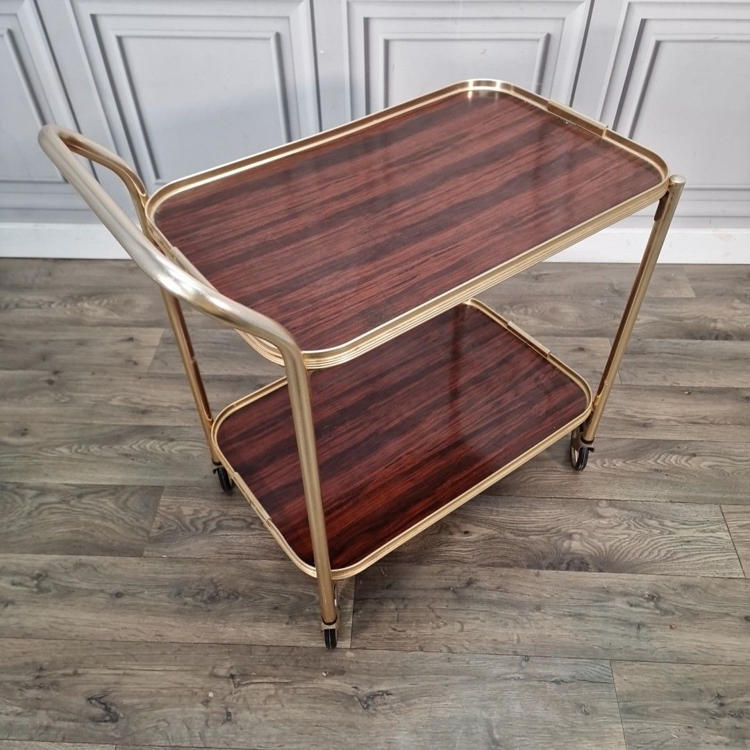 Vintage Drinks Tea Trolley Gold Metal Wood Effect Cocktail Cart Mid Century photo furniture