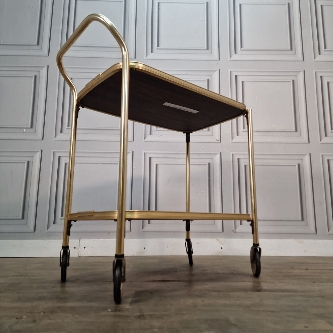 Vintage Drinks Tea Trolley Gold Metal Wood Effect Cocktail Cart Mid Century photo for sale