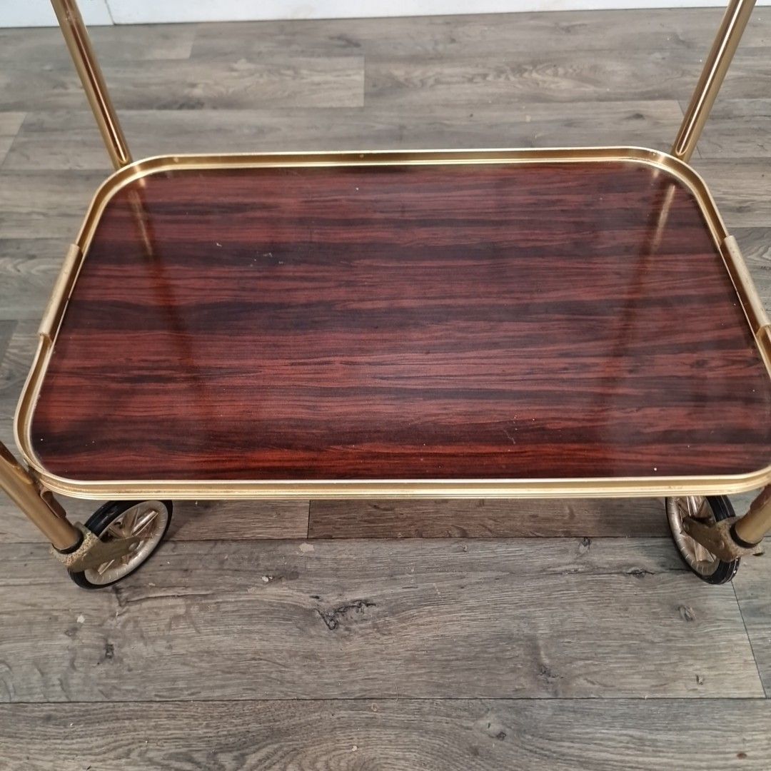 Vintage Drinks Tea Trolley Gold Metal Wood Effect Cocktail Cart Mid Century photo vinterior