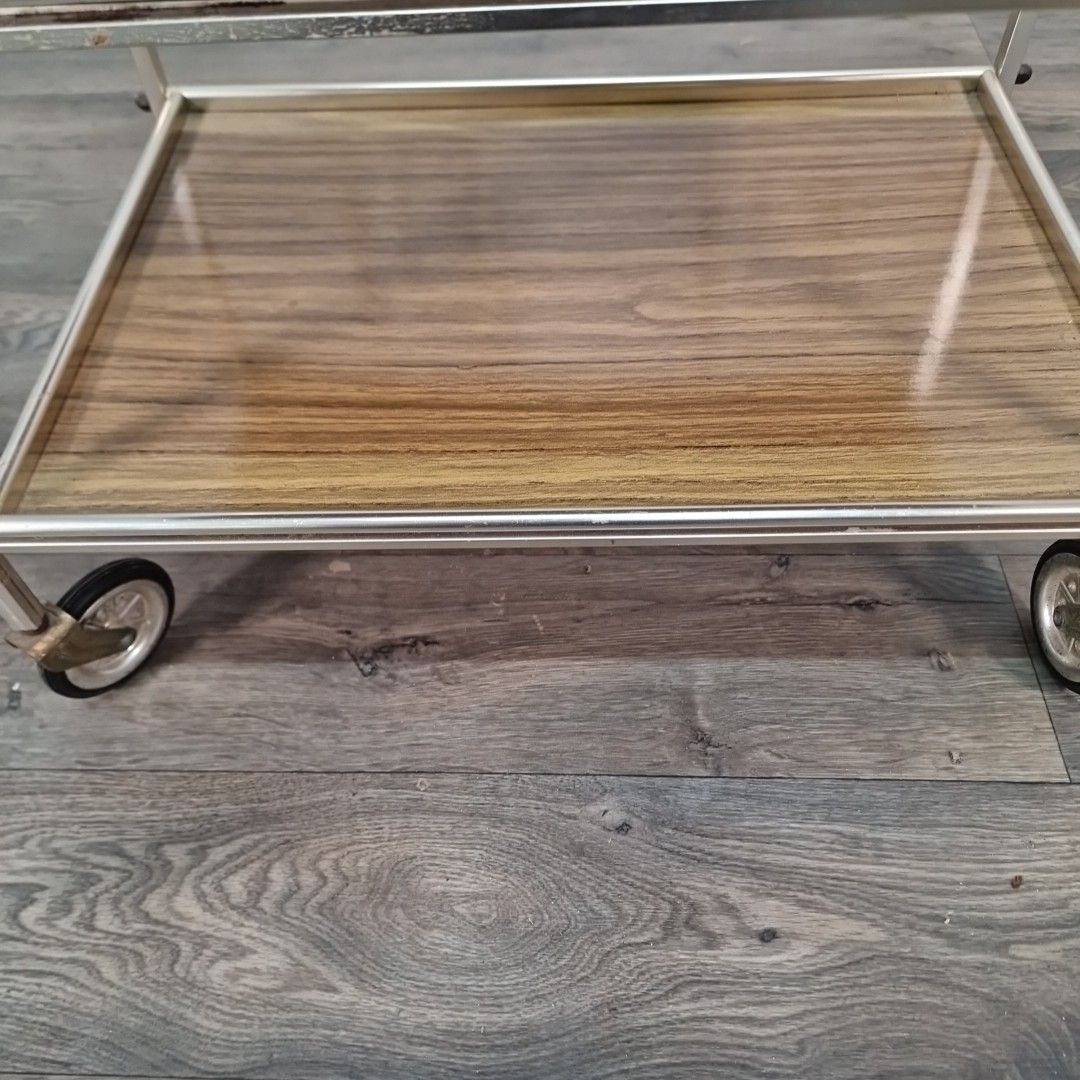 Vintage Drinks Tea Trolley Chrome Metal Wood Effect Three Tier Mid Century photo vinterior