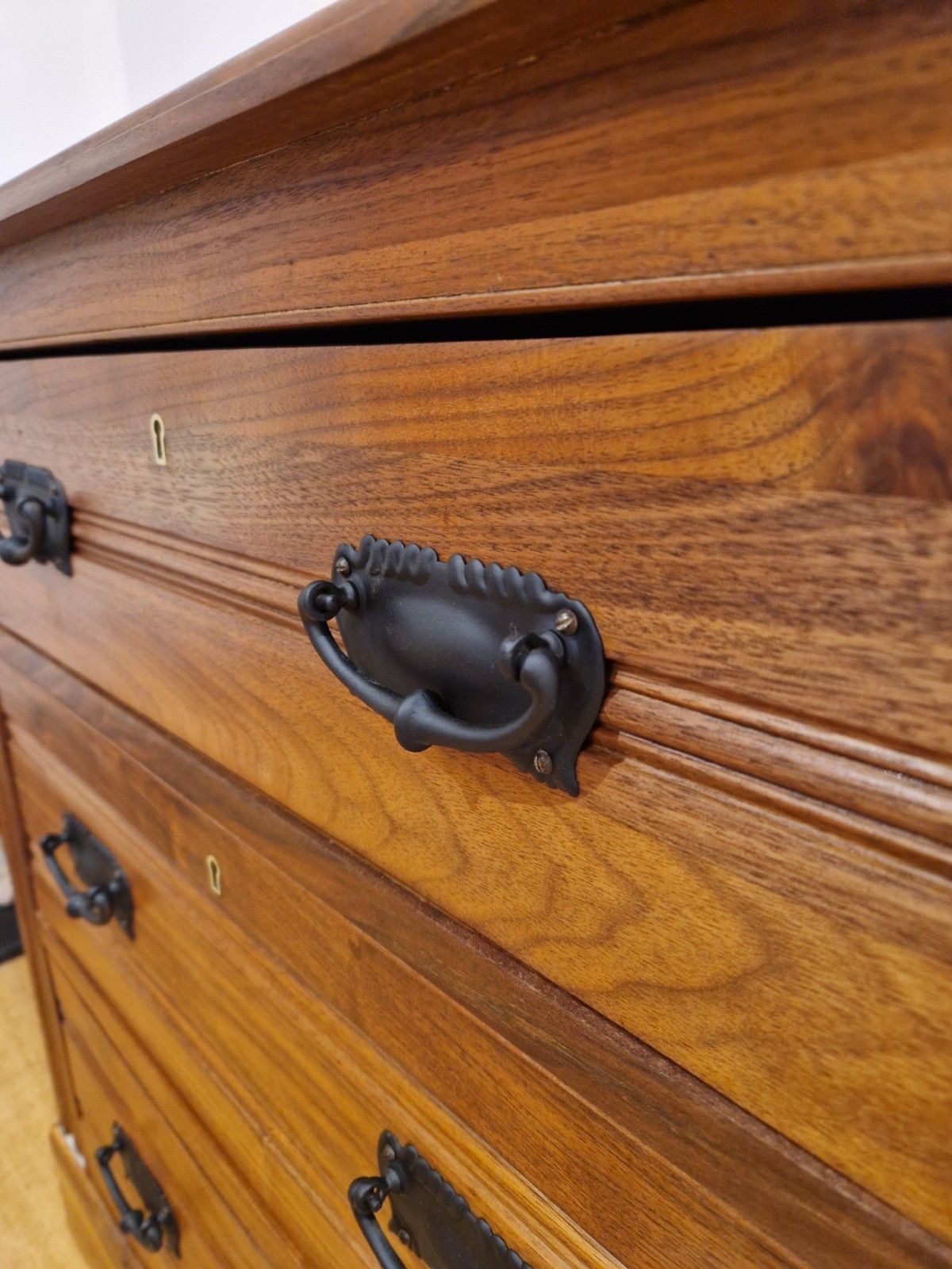 325.0 Vintage Solid Walnut Chest Of Drawers – 4 Drawers, Restored With Black Handles photo