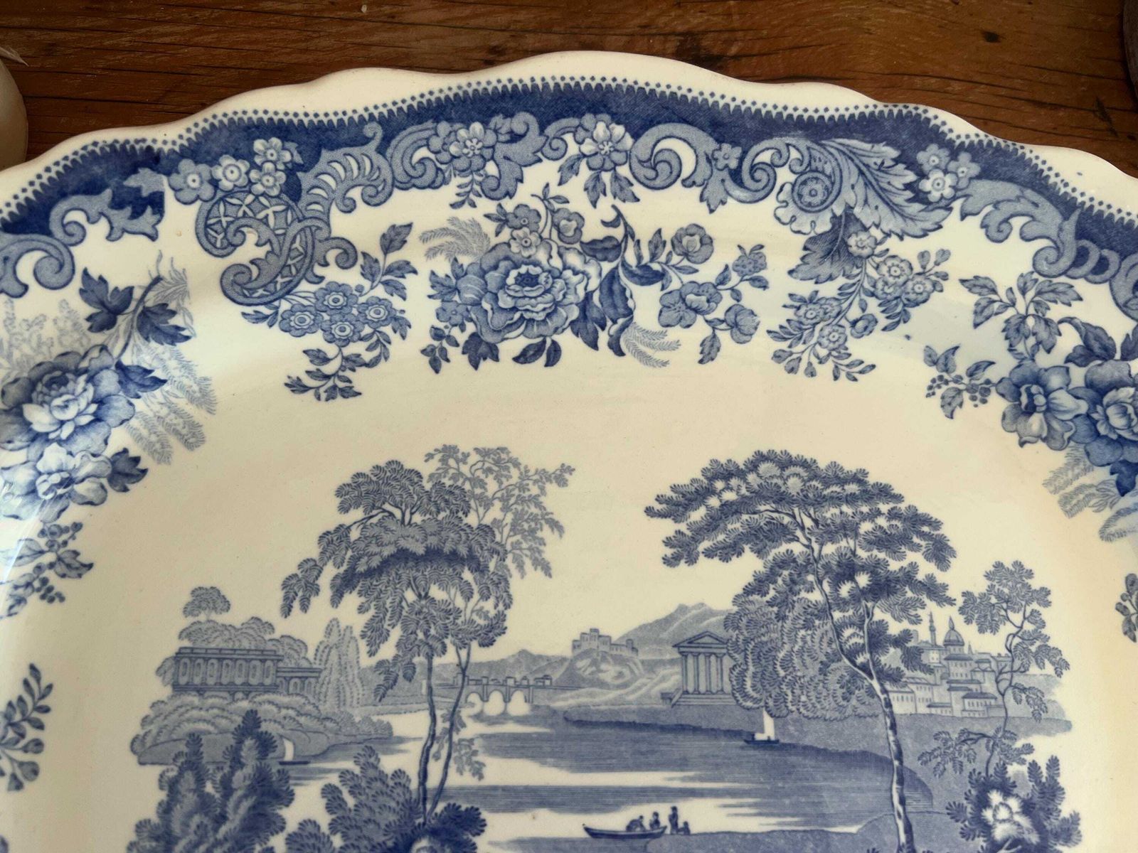 Antique Copeland Spode "Rhine" Platter | Large Blue And White Transferware Serving Meat Dish, Double Date Stamped Farmhouse Kitchen Decor photo 135.0