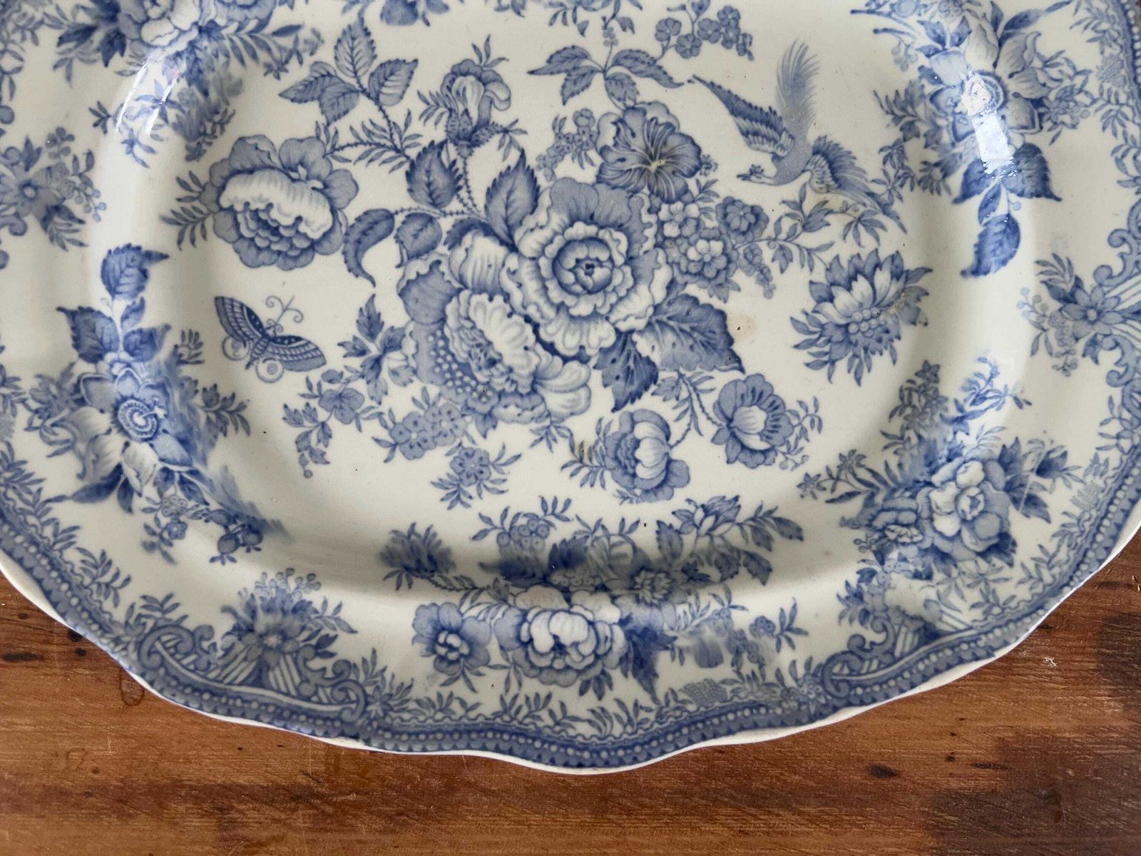 Antique Asiatic Pheasants Doulton Burslem Platter, Flow Blue Transferware Serving Plate, Victorian Chinoiserie Scallop Edge Oval Meat Dish photo 65.0