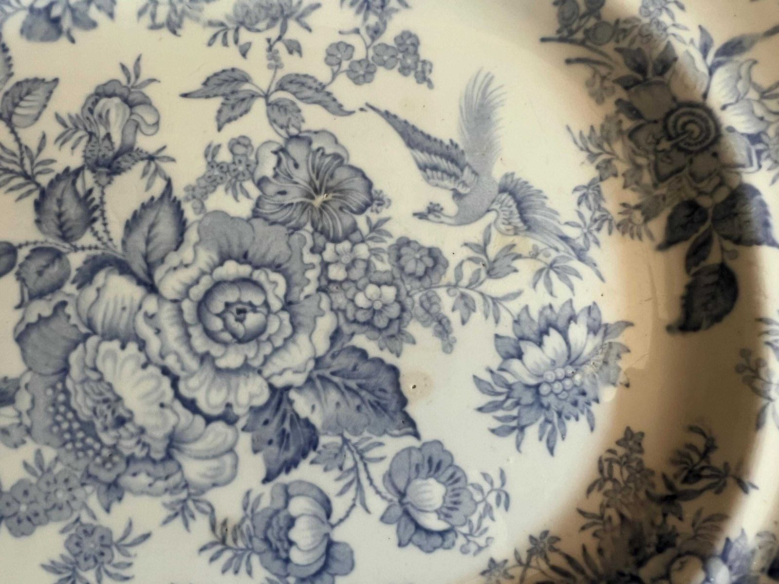 Antique Asiatic Pheasants Doulton Burslem Platter, Flow Blue Transferware Serving Plate, Victorian Chinoiserie Scallop Edge Oval Meat Dish photo vinterior