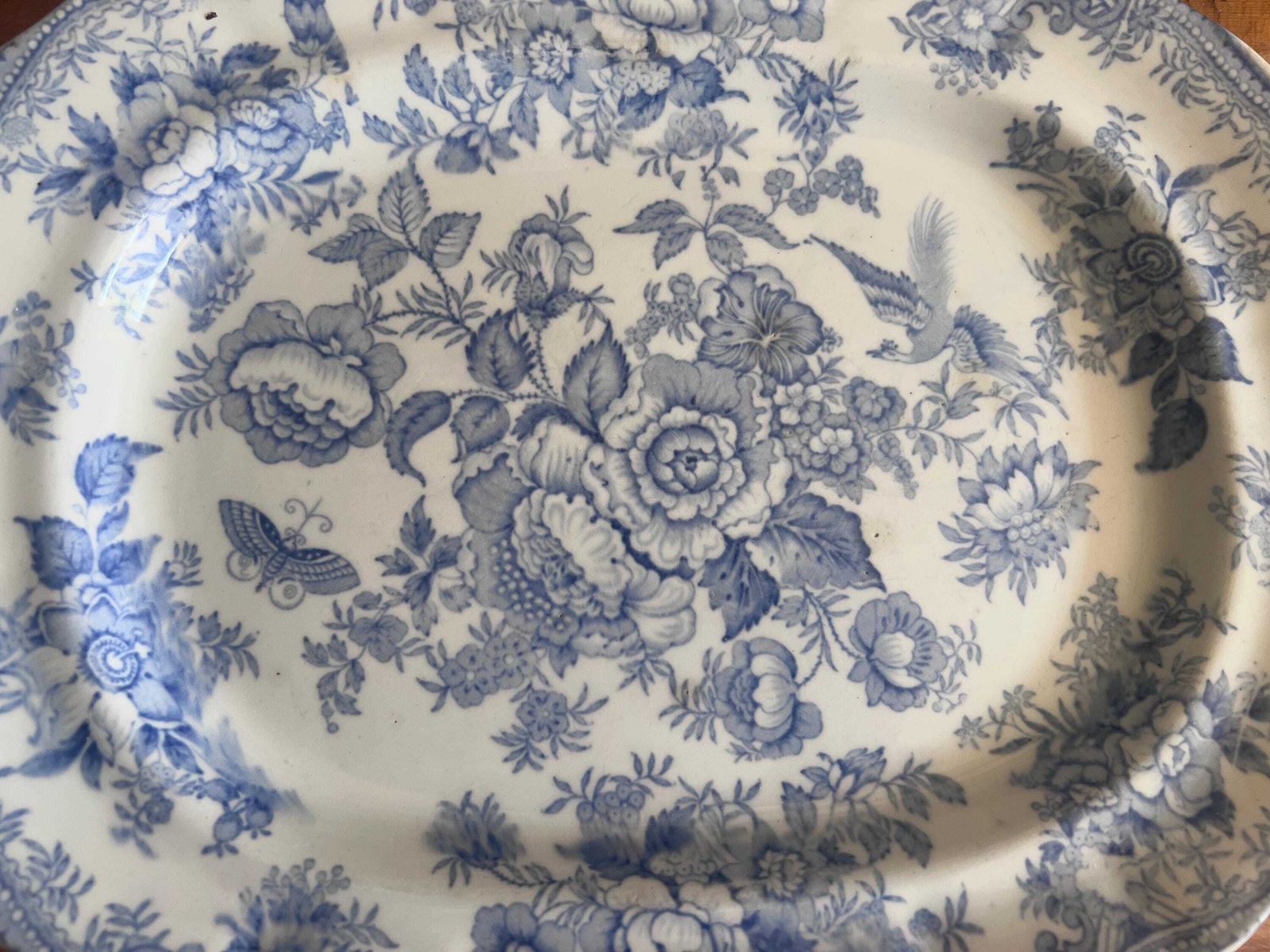 Antique Asiatic Pheasants Doulton Burslem Platter, Flow Blue Transferware Serving Plate, Victorian Chinoiserie Scallop Edge Oval Meat Dish photo buy