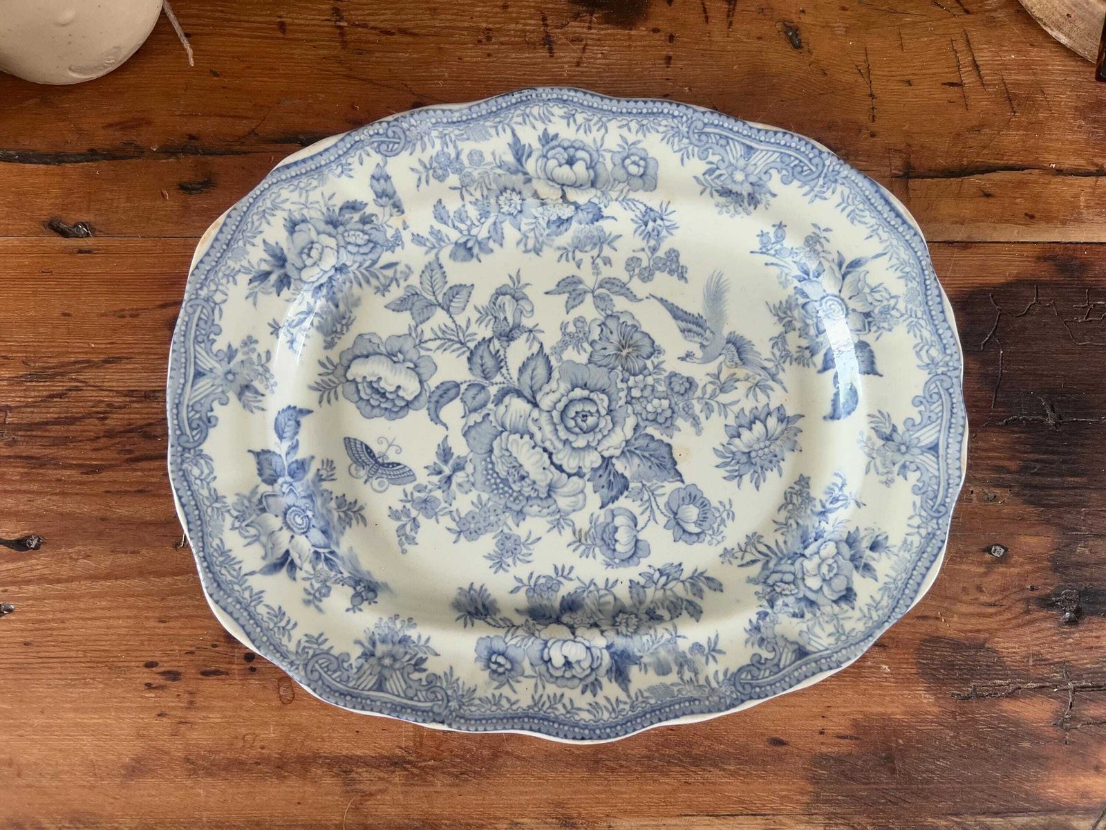 Antique Asiatic Pheasants Doulton Burslem Platter, Flow Blue Transferware Serving Plate, Victorian Chinoiserie Scallop Edge Oval Meat Dish photo vintage